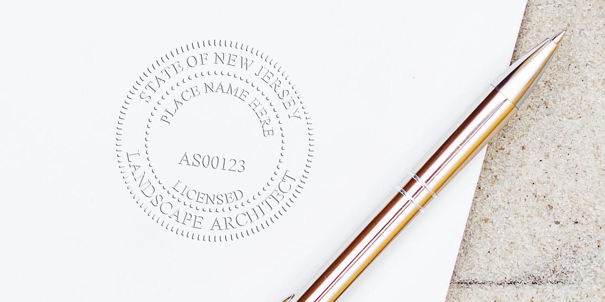 Silver pen on paper with a licensed New Jersey landscape architect seal, showing NJ stamp cost and price.