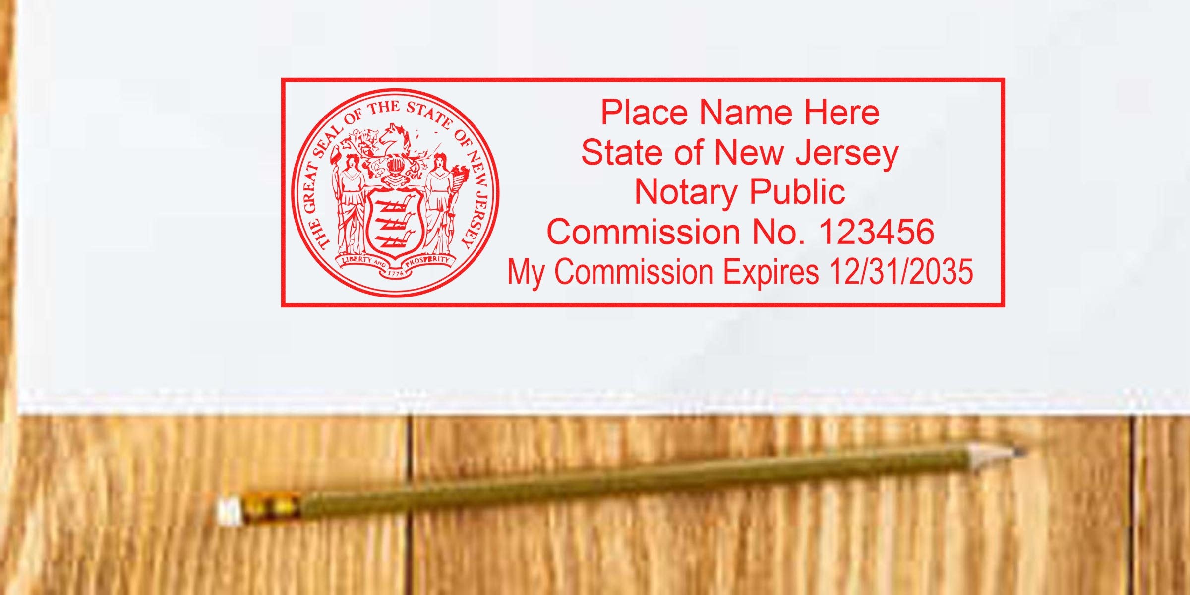 Notary Stamp NJ on wooden table with pencil, displaying New Jersey notary public stamp, commission number, and expiration date—perfect for your notary stamp needs.