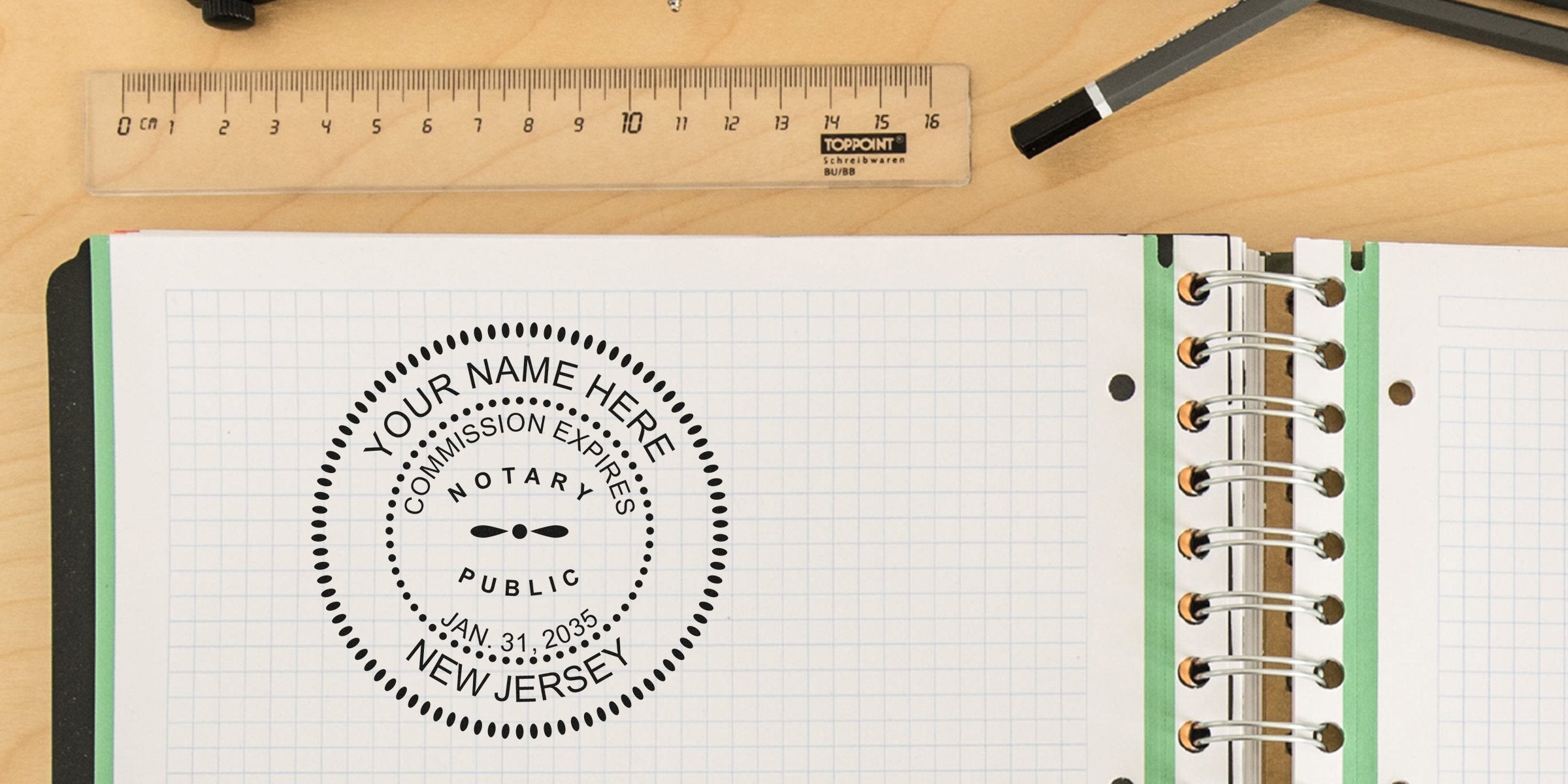 New Jersey notary seal stamped on graph paper notebook with ruler and pen on wooden desk, showing NJ notary public guidelines.