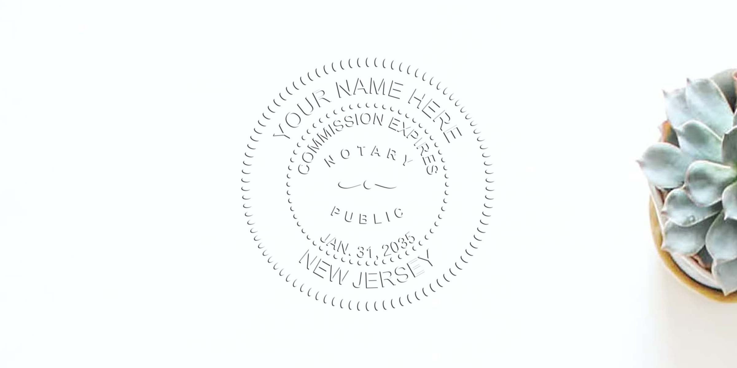 New Jersey notary public commission seal with a succulent plant on white background, showcasing reliable notary supplies from a New Jersey notary kit.