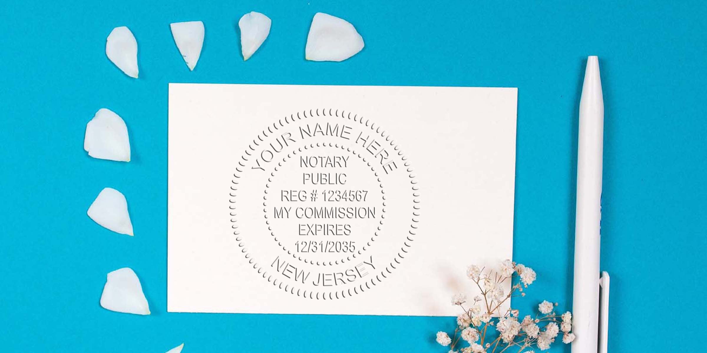 New Jersey notary public commission certificate with white pen and flower petals on blue background, featuring NJ notary stamps and public stamp options.