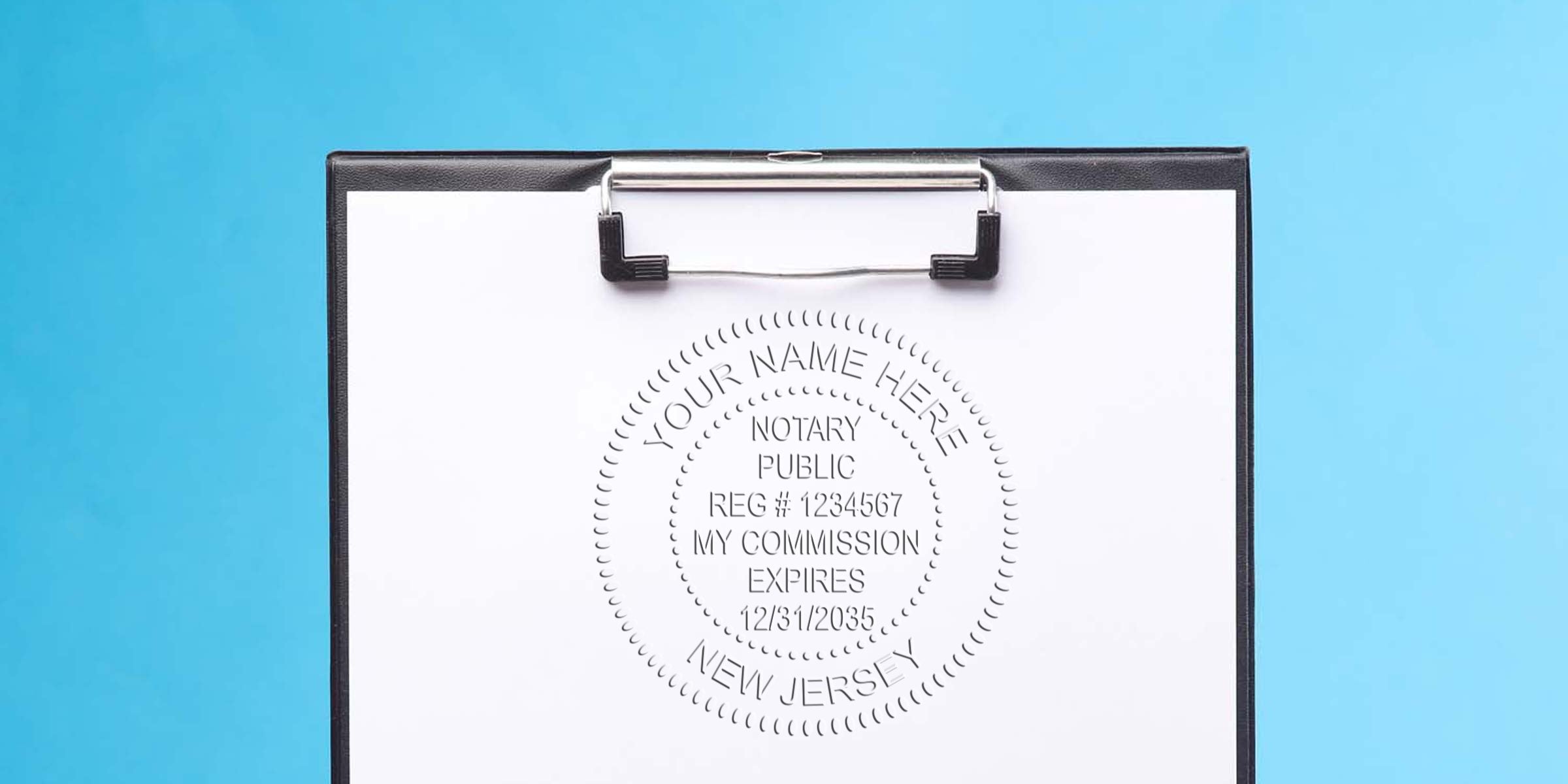 New Jersey notary seal on clipboard against blue background with a trusted notary stamp.