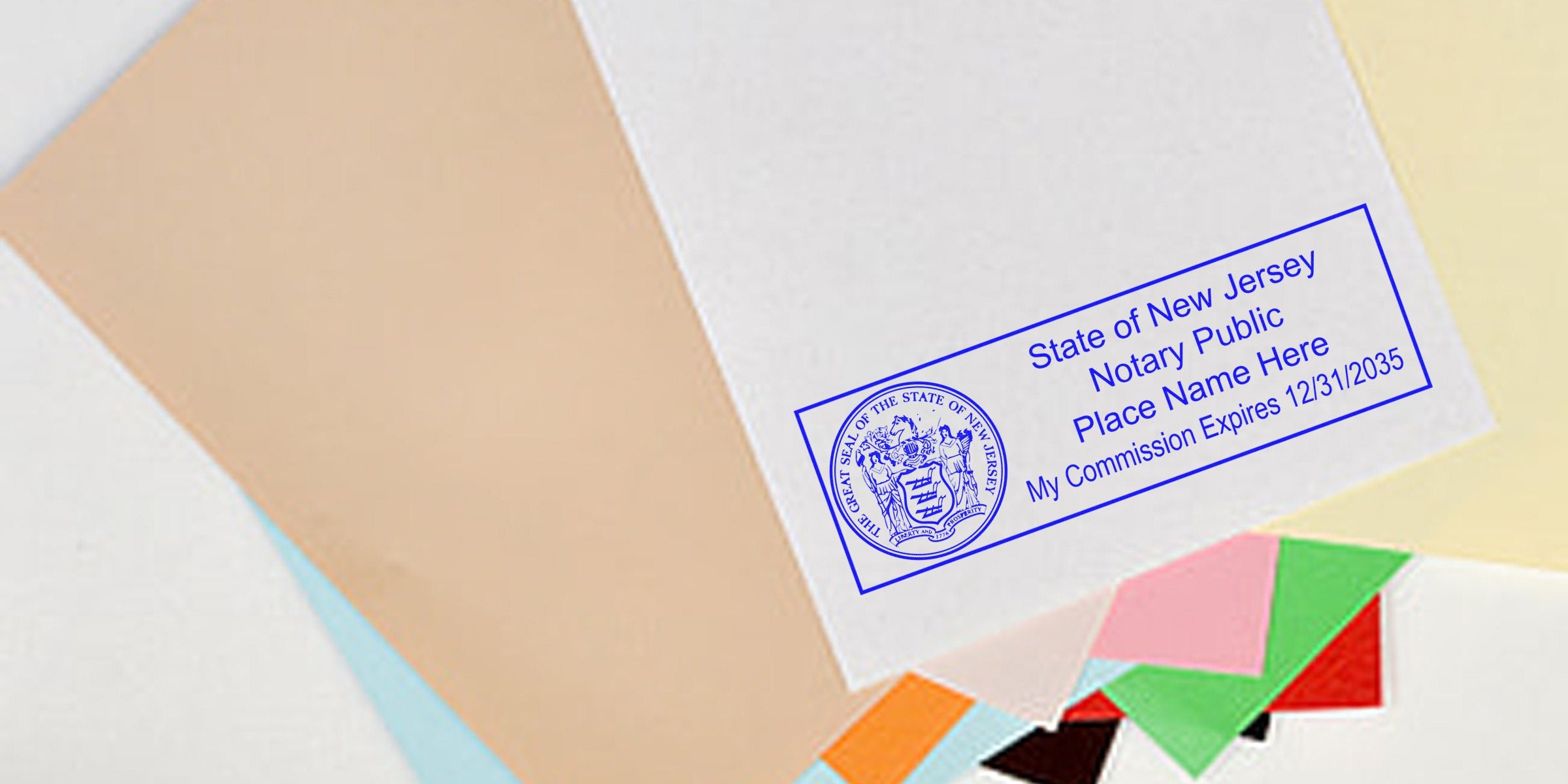 New Jersey notary public stamp on colorful paper displaying NJ notary seals and various seal options for commission verification and notary services.