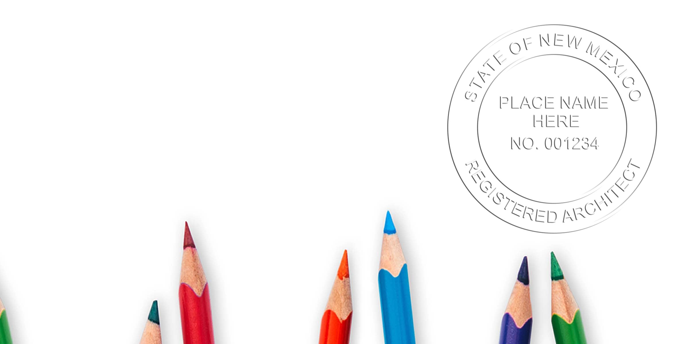 New Mexico architect stamp with colorful pencils, symbolizing architectural design and drafting for an online architect stamp in New Mexico.