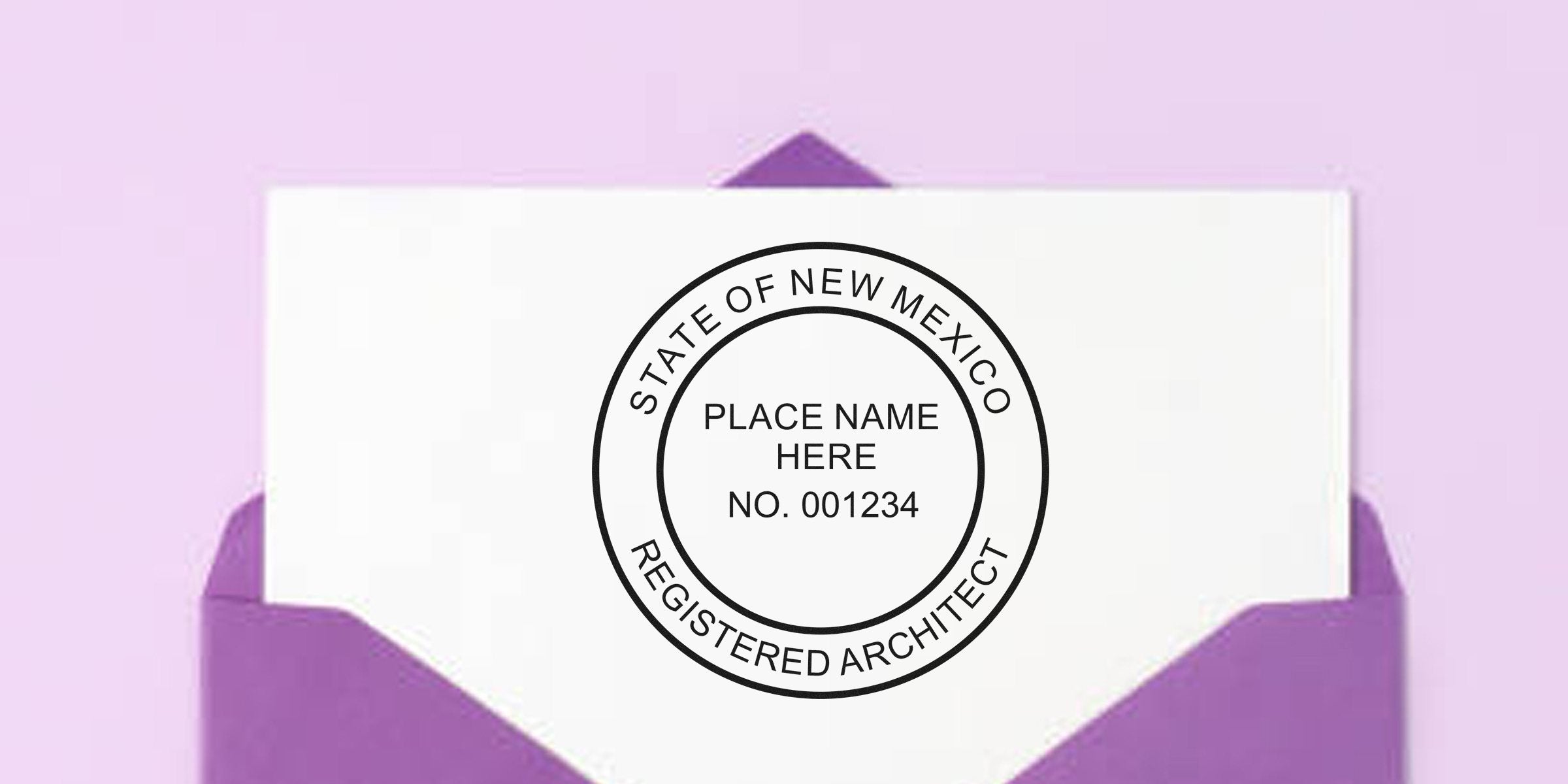New Mexico embossers create a registered architect seal on white card per state regulations, placed inside a purple envelope.