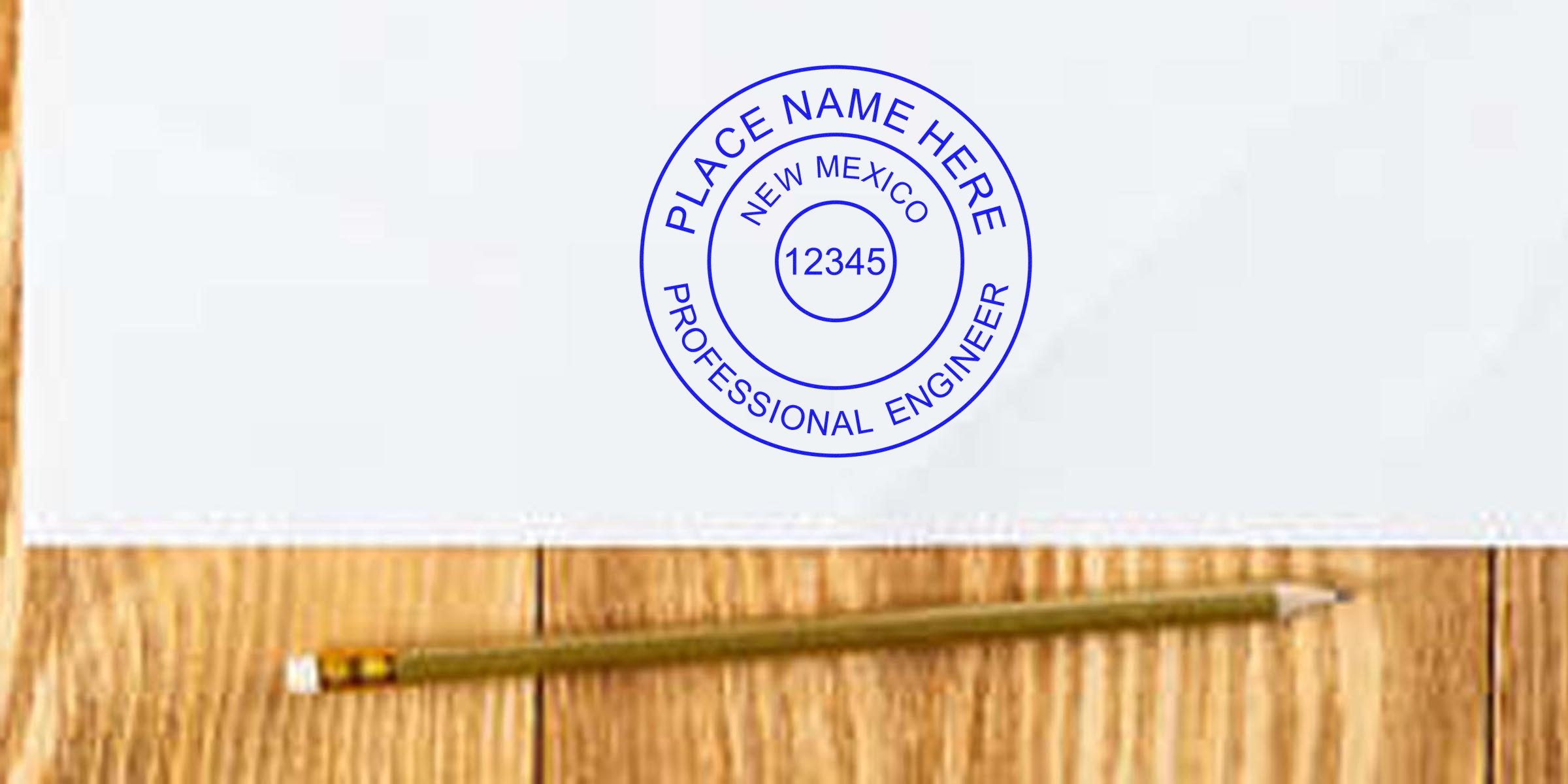 Professional Engineer Stamp New Mexico with pencil on wooden desk for project approval.