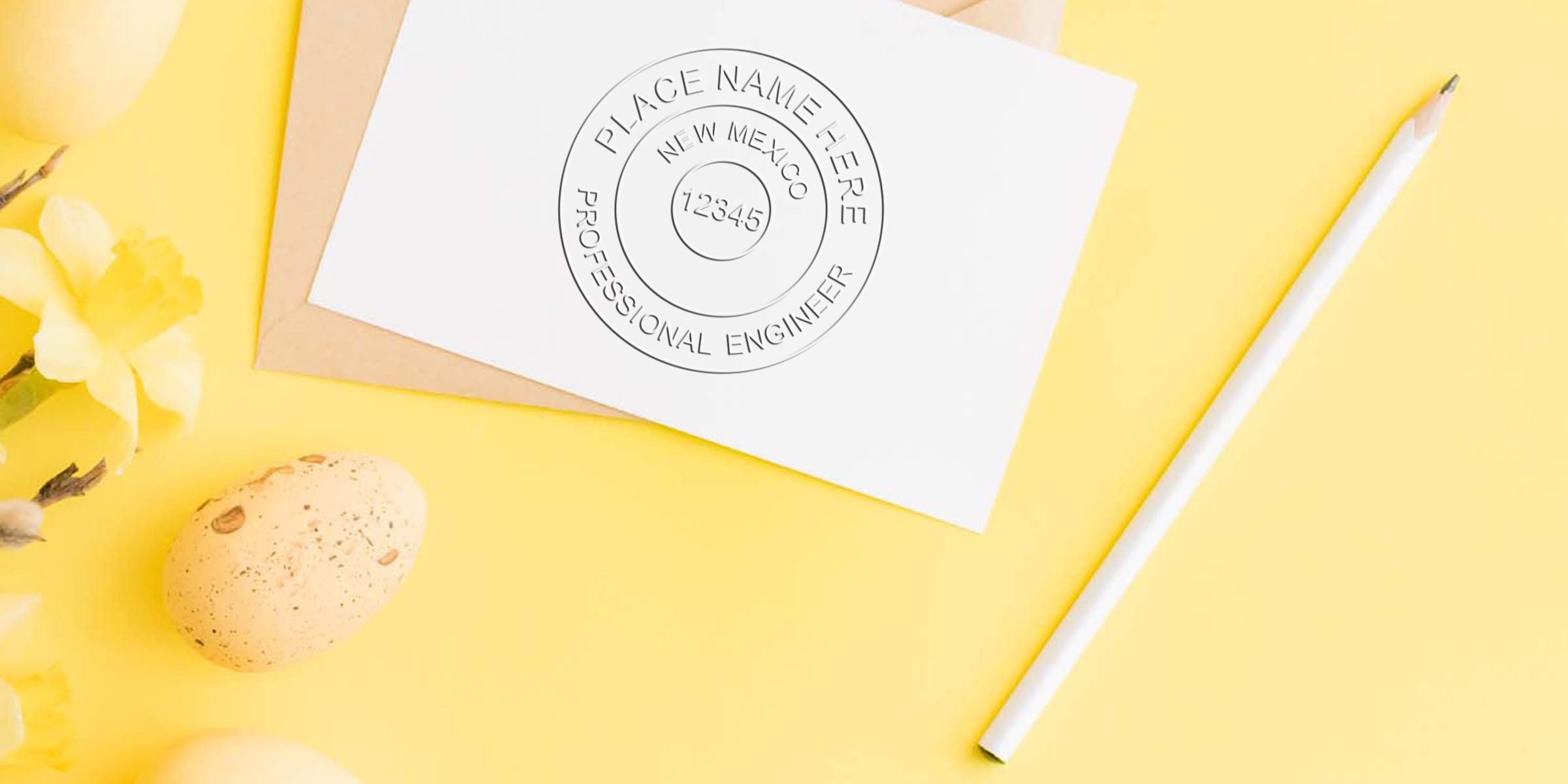 New Mexico engineer stamp on white envelope with pencil and yellow spring flowers on yellow background, showcasing engineer stamp order tips.