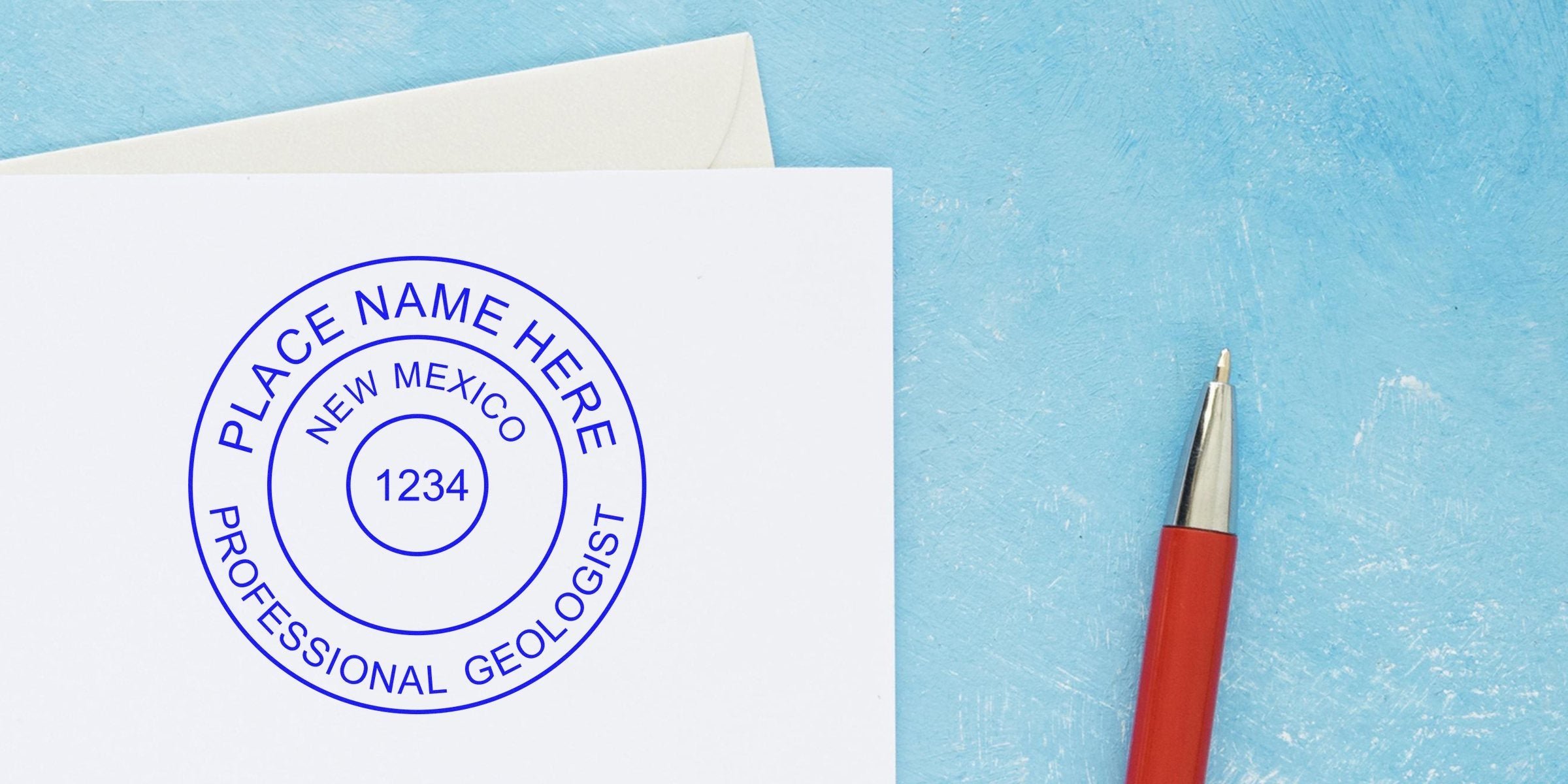 New Mexico geologist stamp in red ink on blue background, showing steps to order the New Mexico geologist stamp.