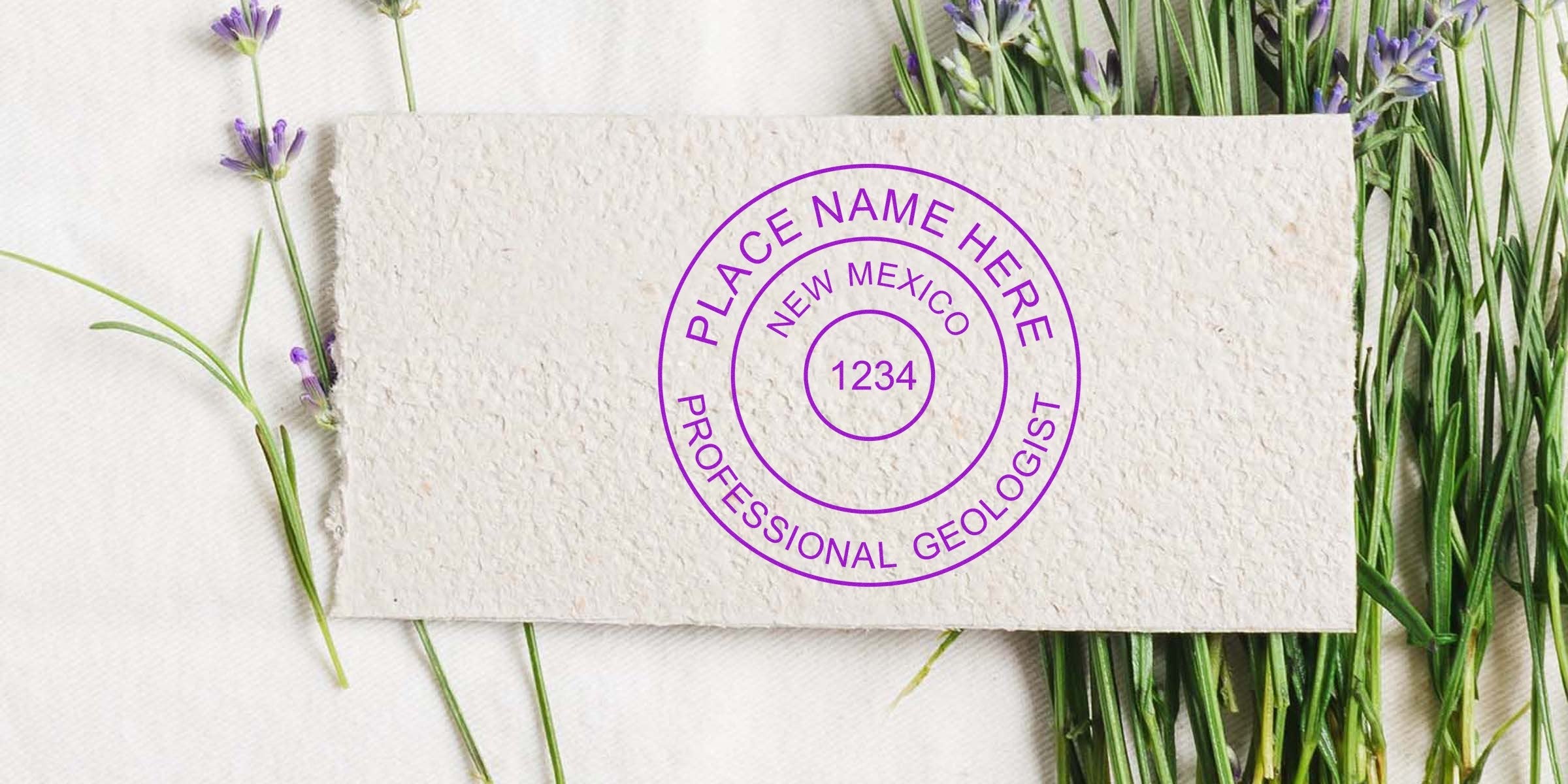 New Mexico Licensed Geologist Stamp on textured paper with lavender flower background, emphasizing Geologist Stamp Requirements.