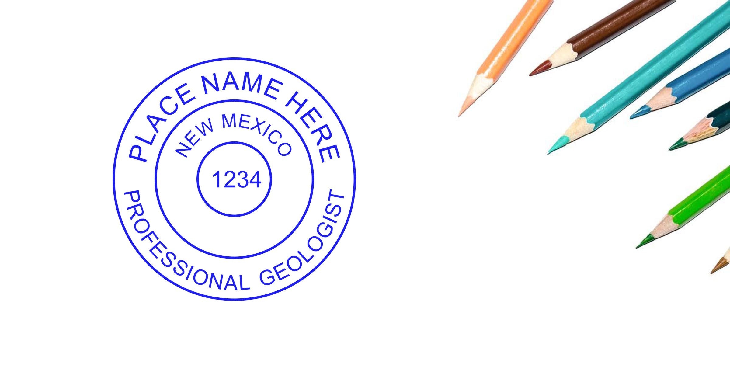 New Mexico professional geologist stamp with colored pencils on white background, showcasing geologist tools and online shopping tips.
