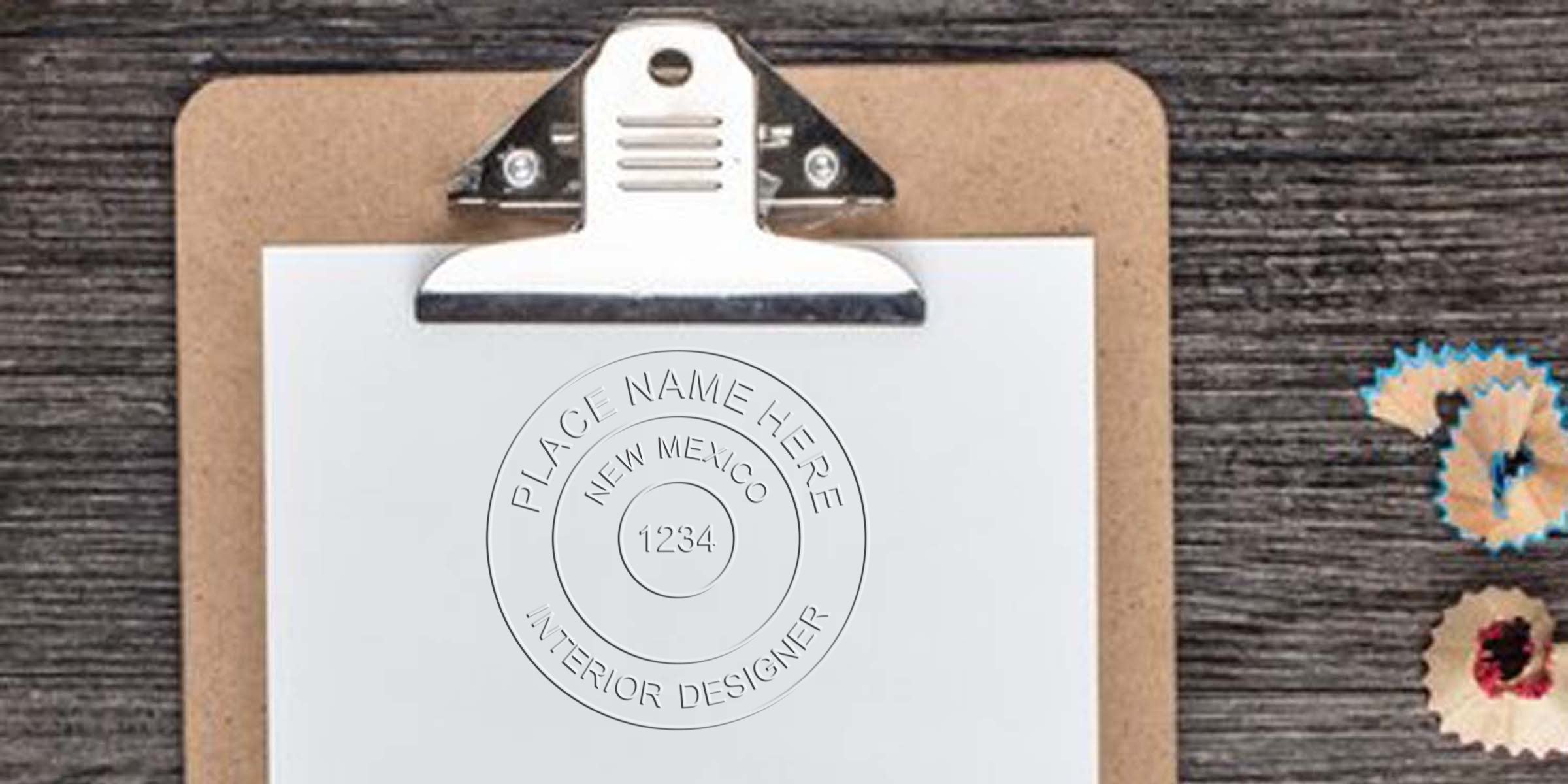 Blank clipboard with white paper on a wooden table, surrounded by pencil shavings, symbolizing custom interior design work in New Mexico.