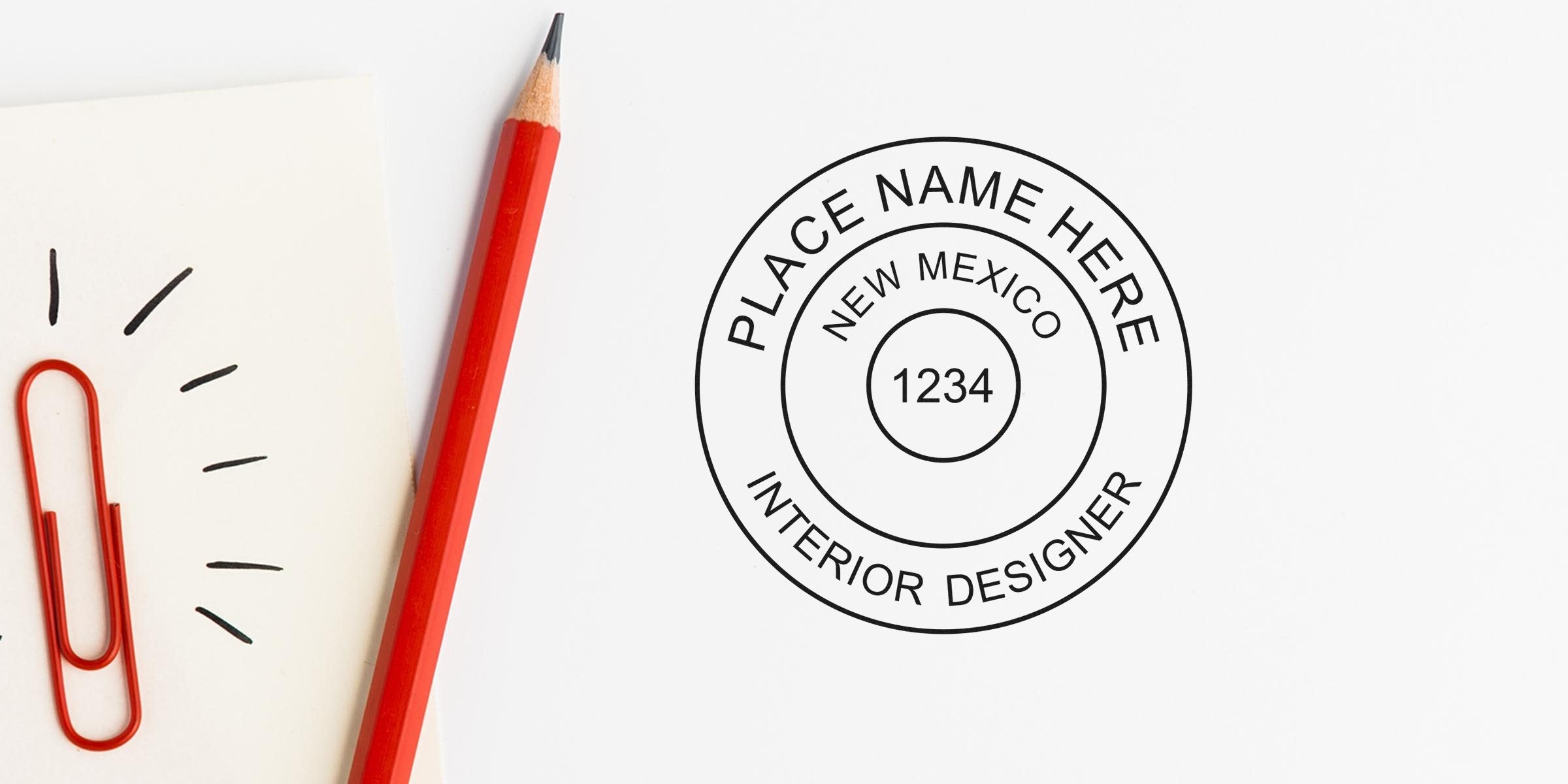 New Mexico interior design stamp with red pencil and paperclip on white background, showcasing budget-friendly design tips.
