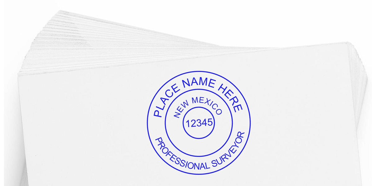 Custom New Mexico land surveyor stamp with professional seal, customizable place name and license number on white background, perfect for local land surveyor use.