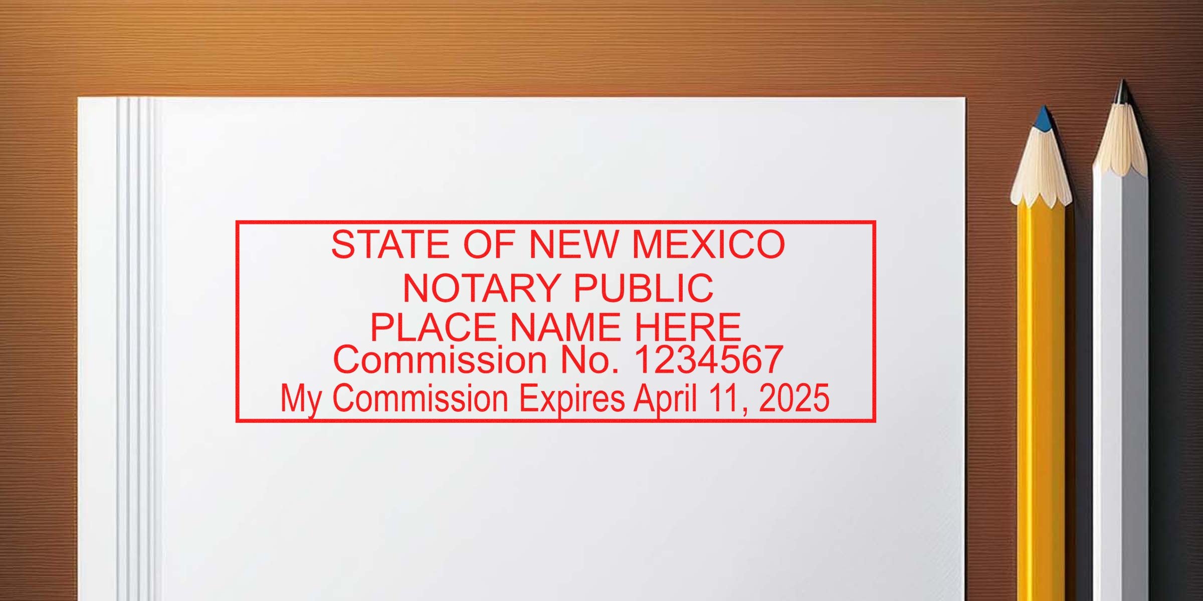 New Mexico notary public stamp on white paper with pencils, official commission seal, showing how to become a New Mexico notary, featured in the New Mexico notary guide.