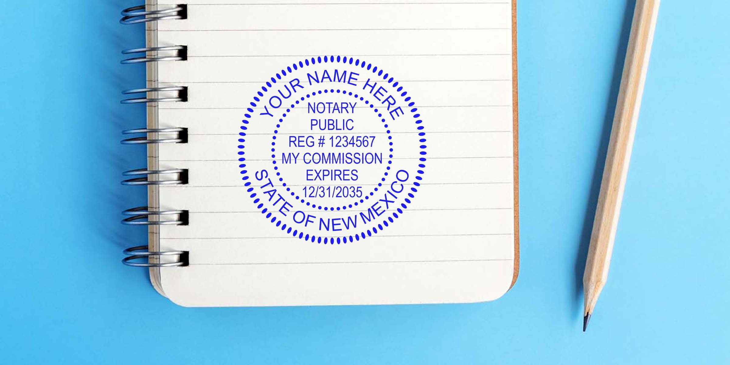 Notary Seal New Mexico stamp on notebook with pencil, highlighting Best Deals Notary Seal NM on blue background.