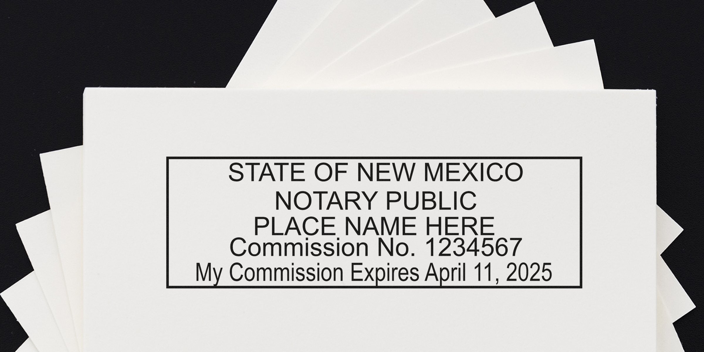 New Mexico notary stamp on white paper showing commission number and expiration date, meeting New Mexico notary stamp laws and requirements.