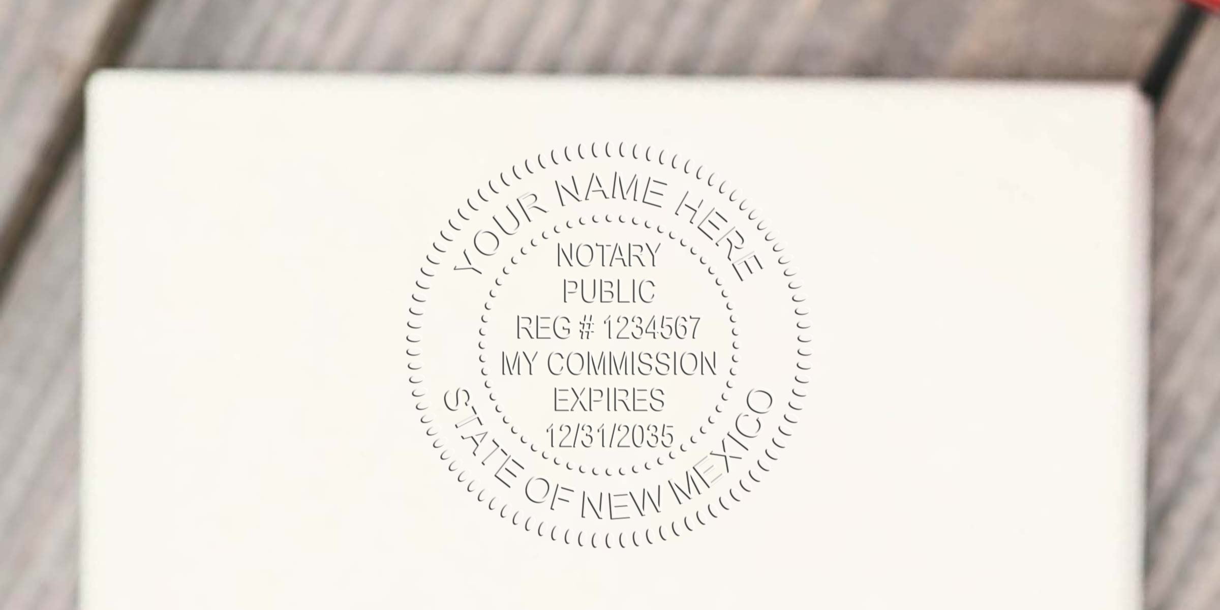 New Mexico notary stamp on white paper showing commission expiration date, symbolizing the notary public process.