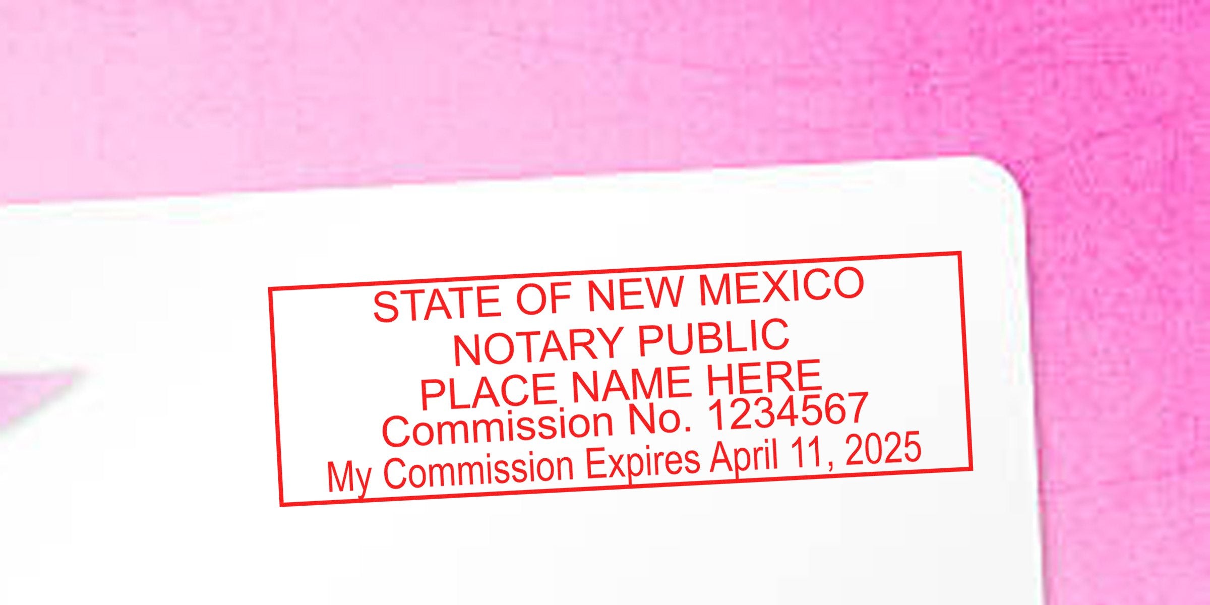 New Mexico notary stamp on white paper displays commission number and expiration date, highlighting stamp renewal and compliance requirements.