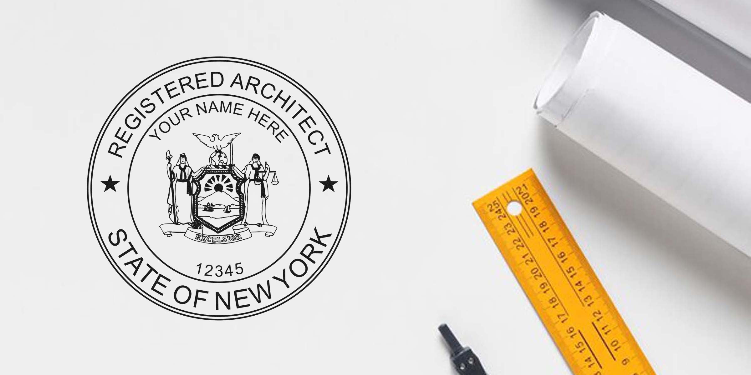New York architect seal on blueprint with ruler, highlighting NYC architect stamp laws and regulations.