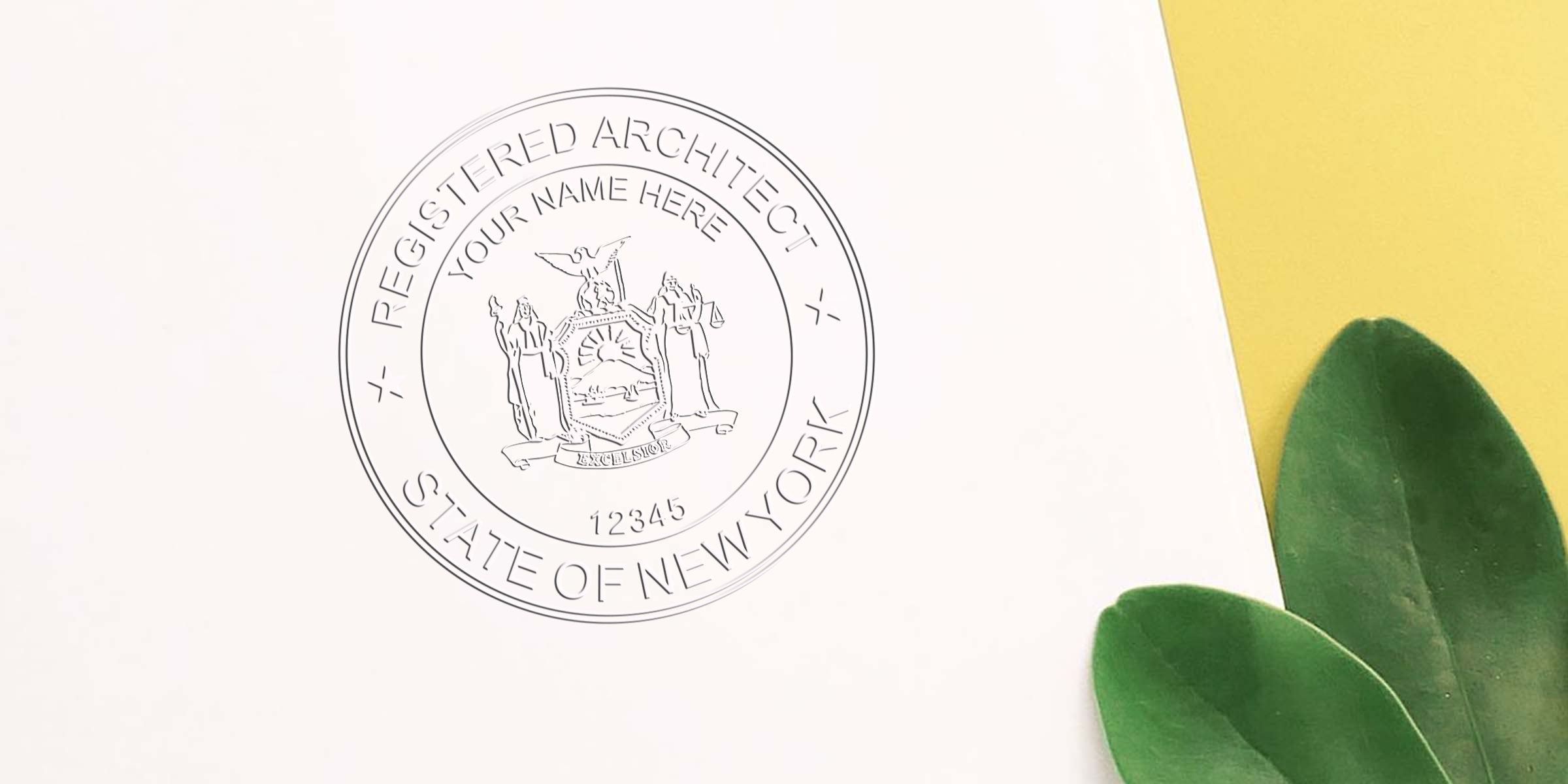 New York registered architect seal on white paper with green leaves and yellow background, showcasing architect stamp store design and NY architect stamps.
