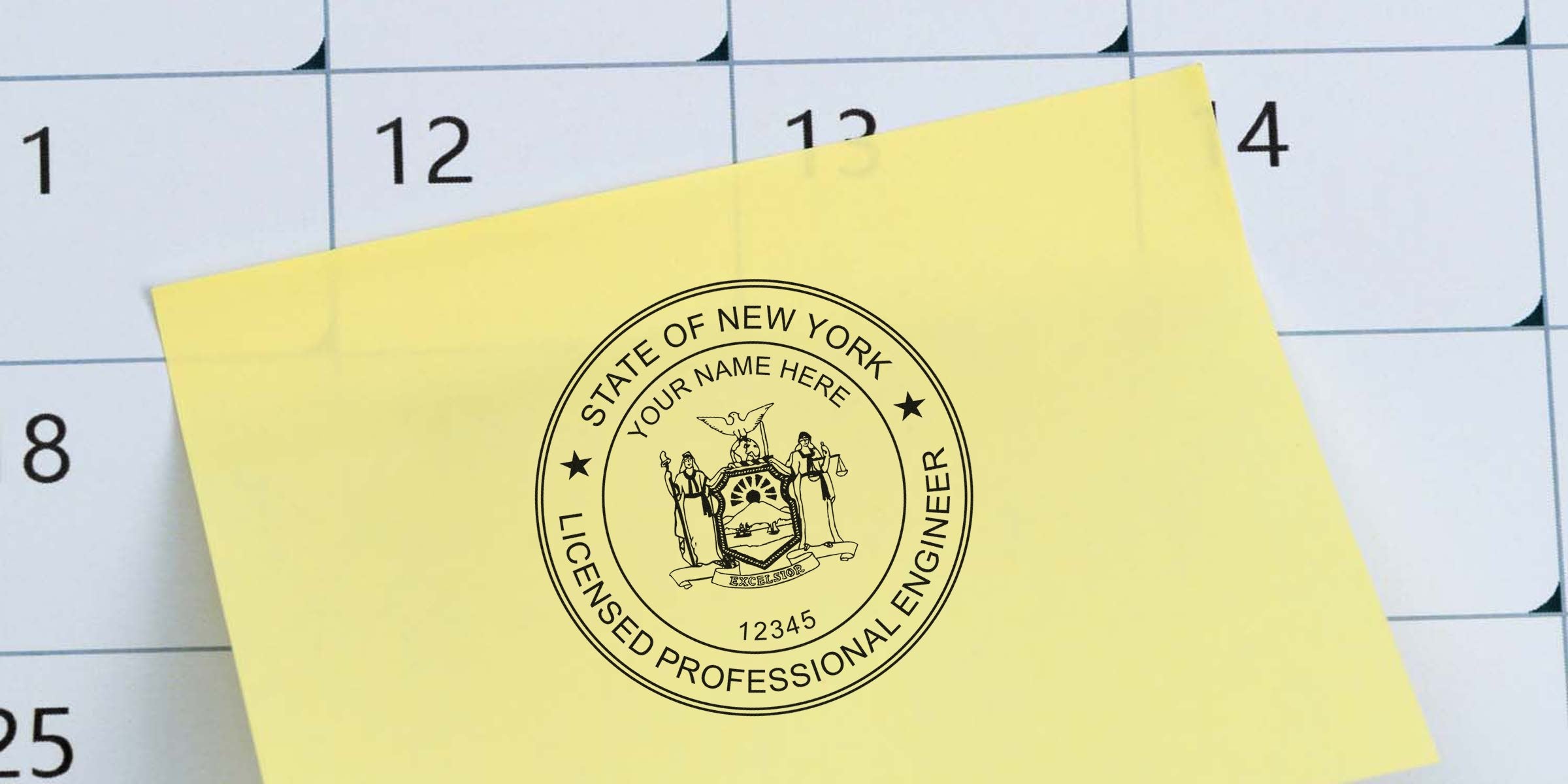 New York engineer’s embosser seal on a yellow sticky note with a calendar backdrop, emphasizing investment in embossing equipment.