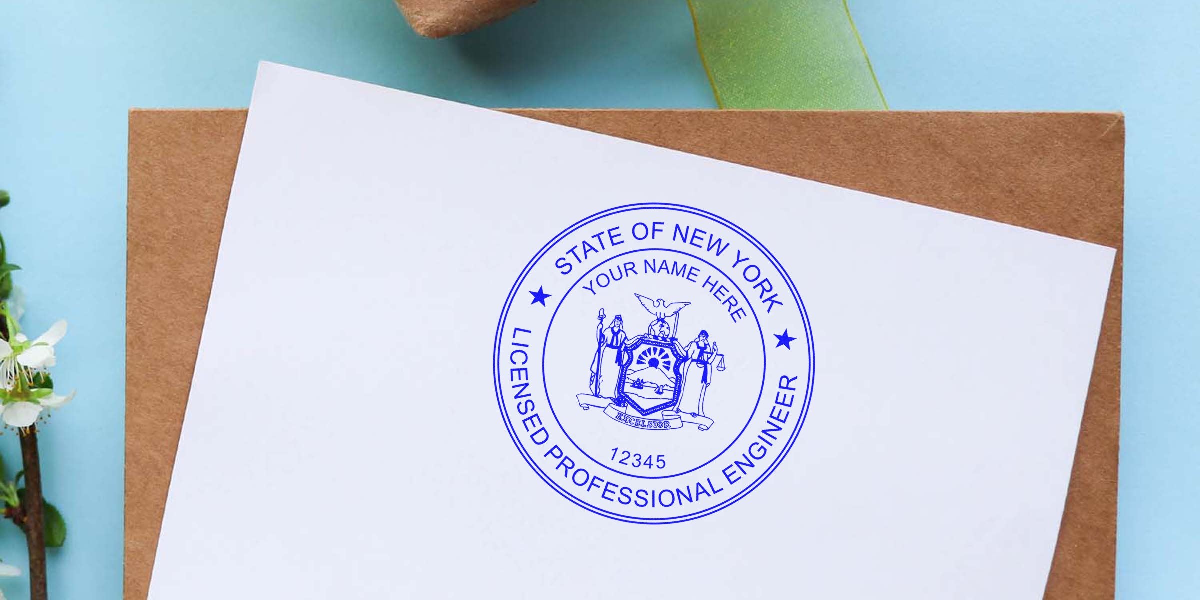 New York licensed engineer seal on white paper with brown envelope and green ribbon, showcasing engineer stamp rules and NY engineering regulations.