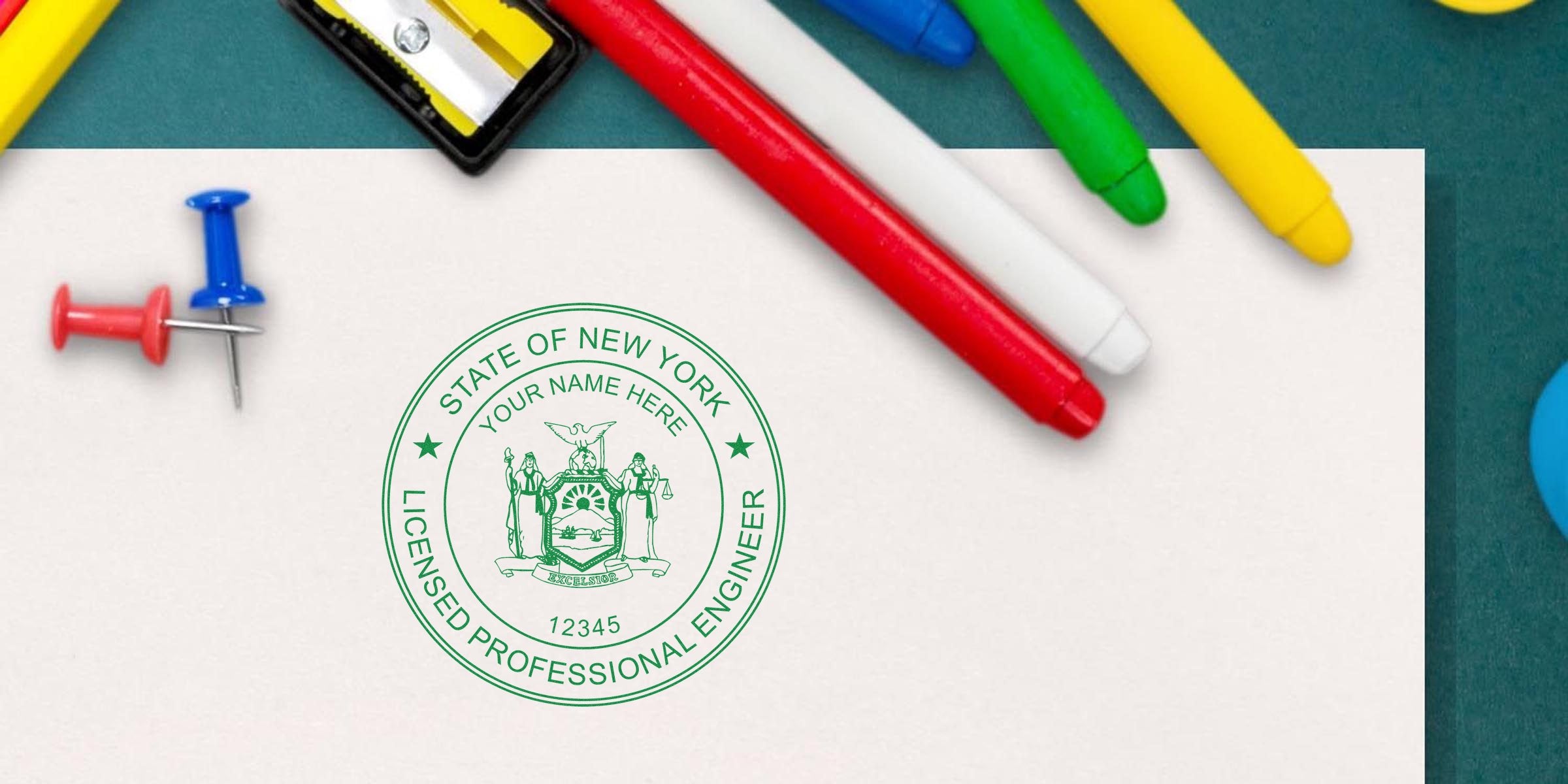 New York engineer seal stamped on paper, surrounded by colorful markers and push pins, highlighting the engineer seal design.