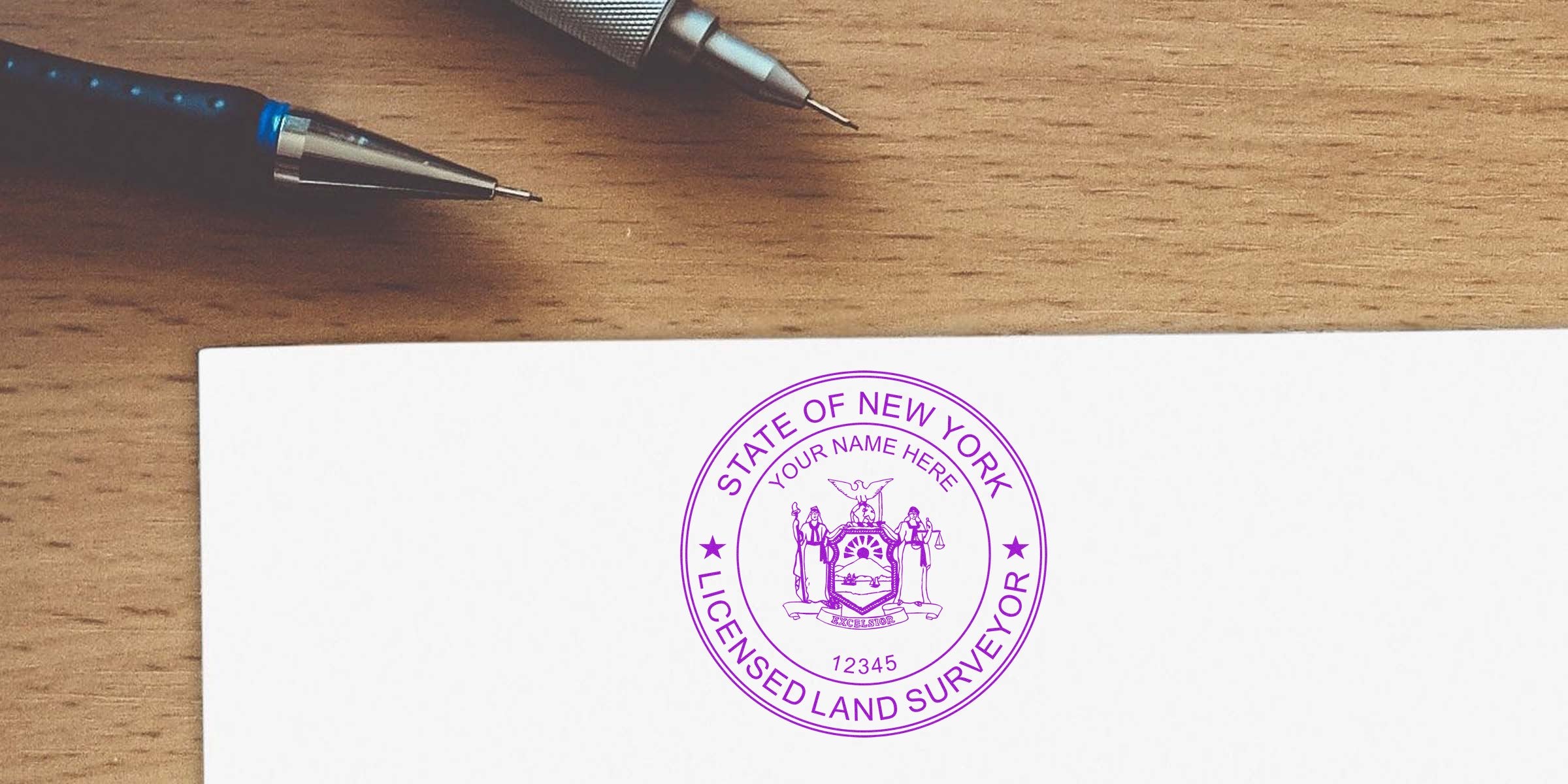 New York land surveyor stamp on official document with drafting pencils on wooden desk, adhering to surveyor stamp guidelines.