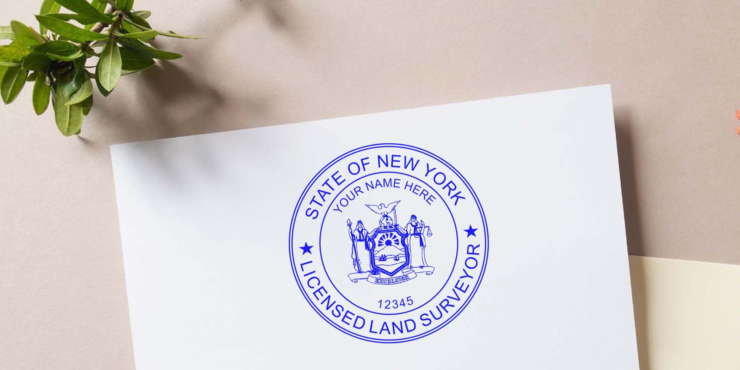 Custom New York land surveyor stamp on white paper with green leaves background, showing New York land surveyor stamp and NY land surveyor certification.