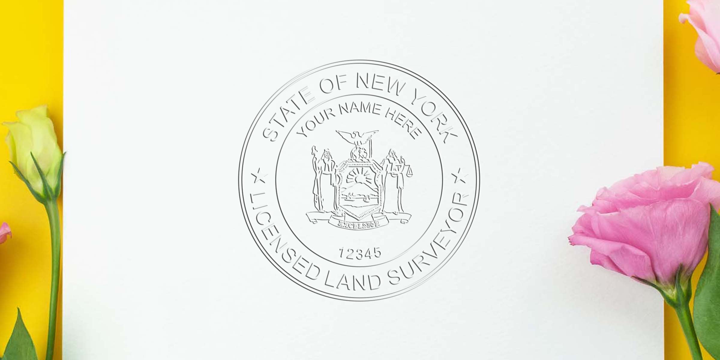 New York licensed land surveyor embossed seal on white paper with pink and yellow flowers on a yellow background, showcasing the stamp size and land surveyor stamp requirements.