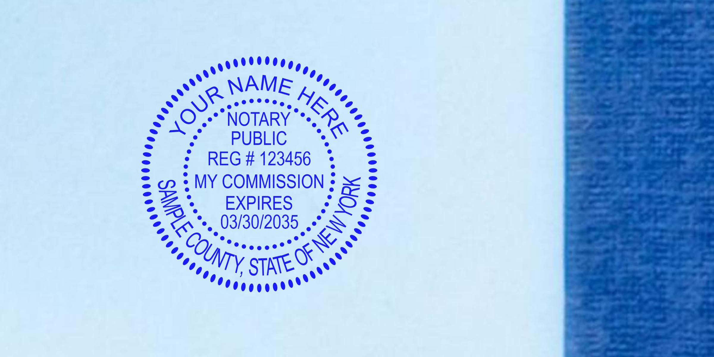 New York notary stamp sample with custom design, registration number, and expiration date, highlighting easy registration for NY state commission.