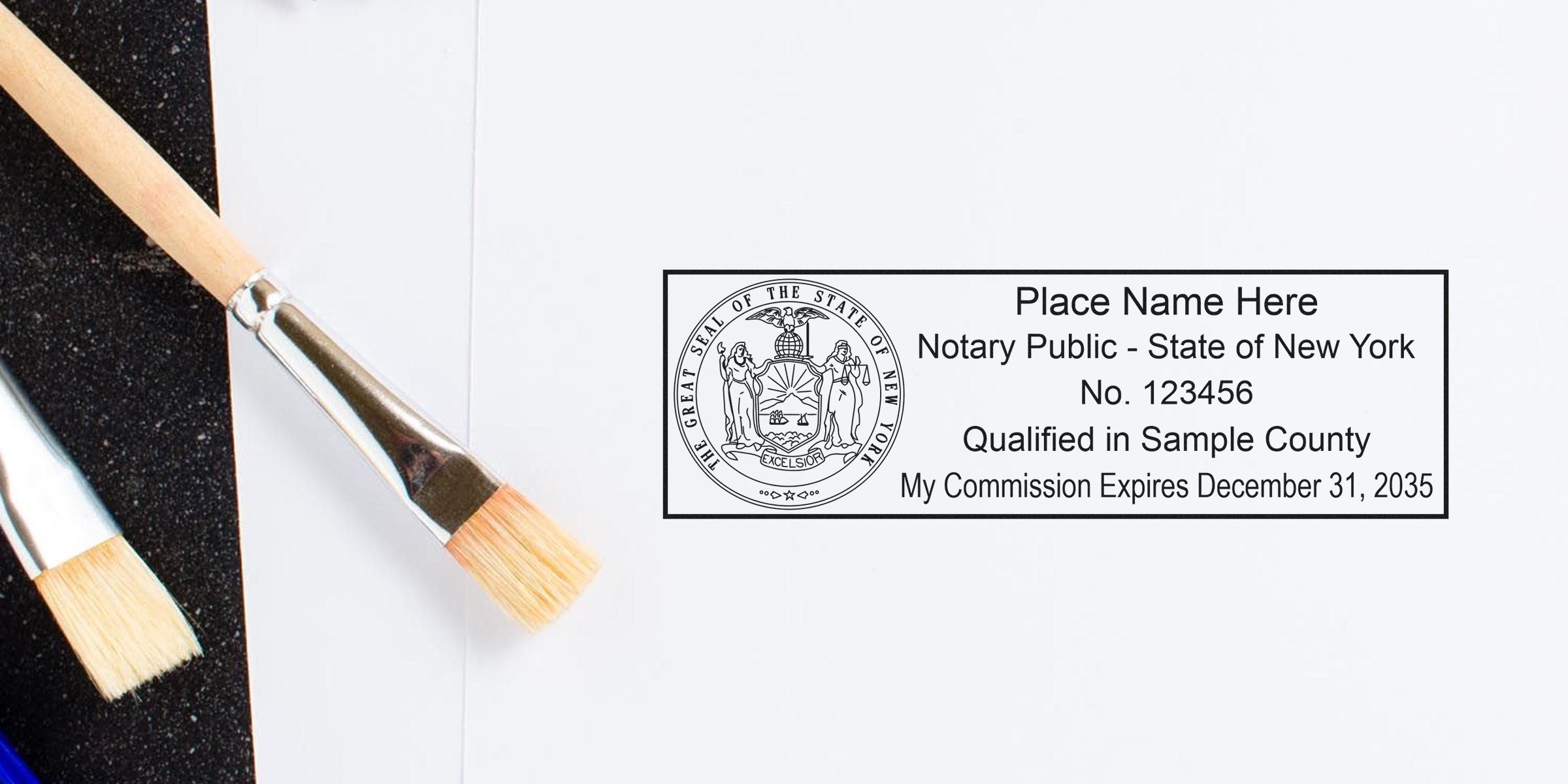 New York notary seal stamp with paintbrushes on white background, showing a notary stamp guide.
