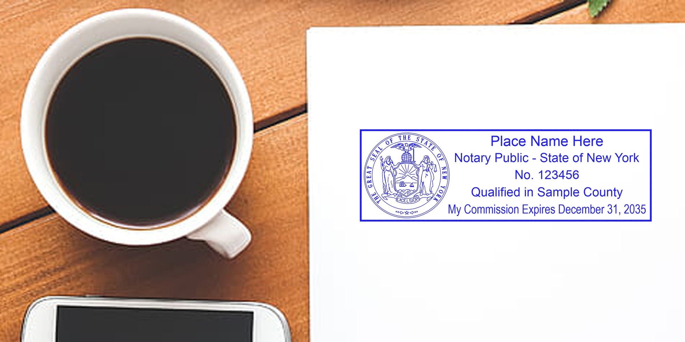 New York notary seal stamped on white paper beside a coffee cup and smartphone on a wooden table, showing notary seal requirements.