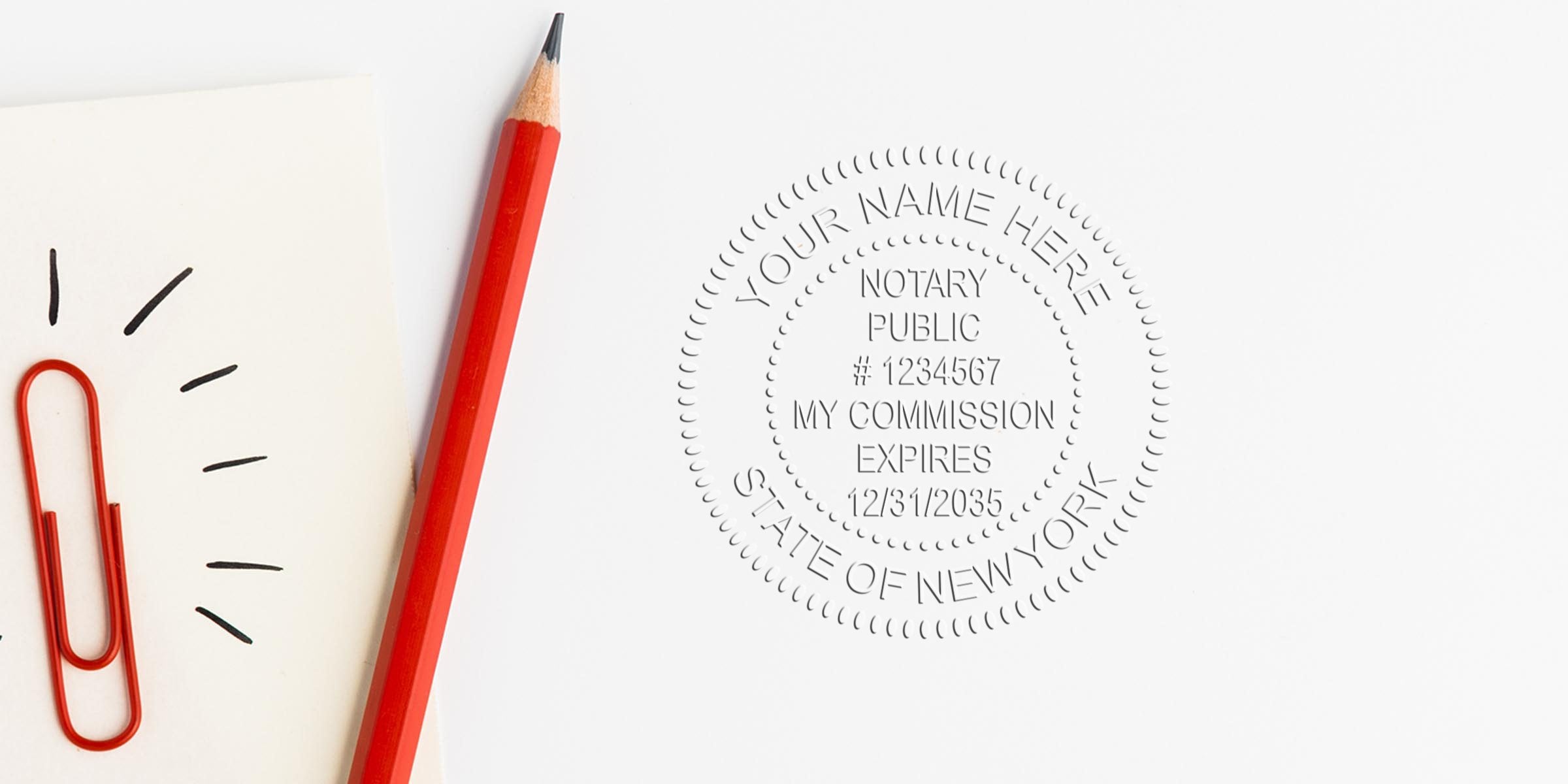 Notary Public New York embossed stamp on white paper with red pencil and paperclip, included in a Notary Starter Kit.