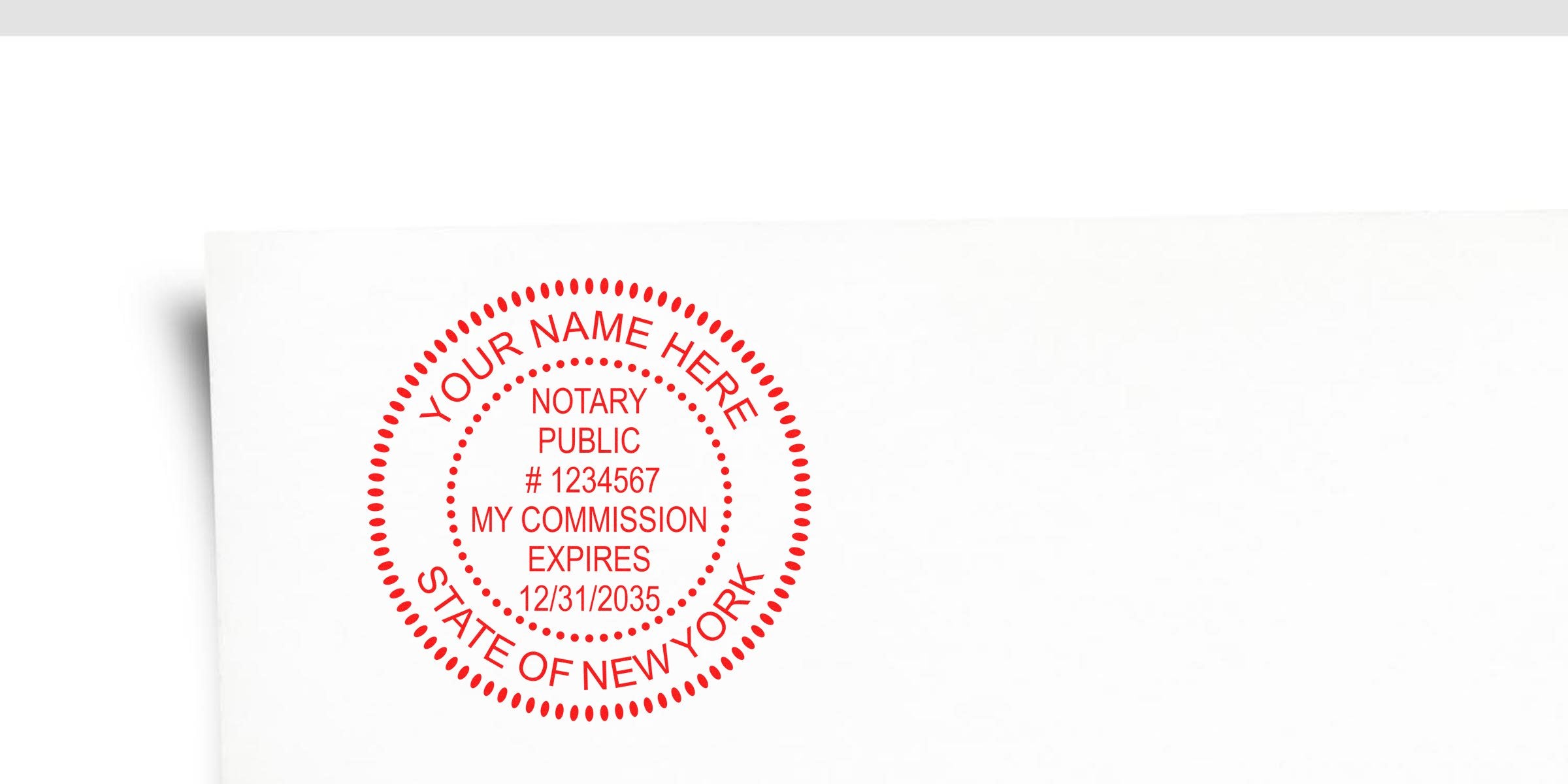 Custom red New York notary seal stamp on white paper, showing commission expiration date per notary public rules.