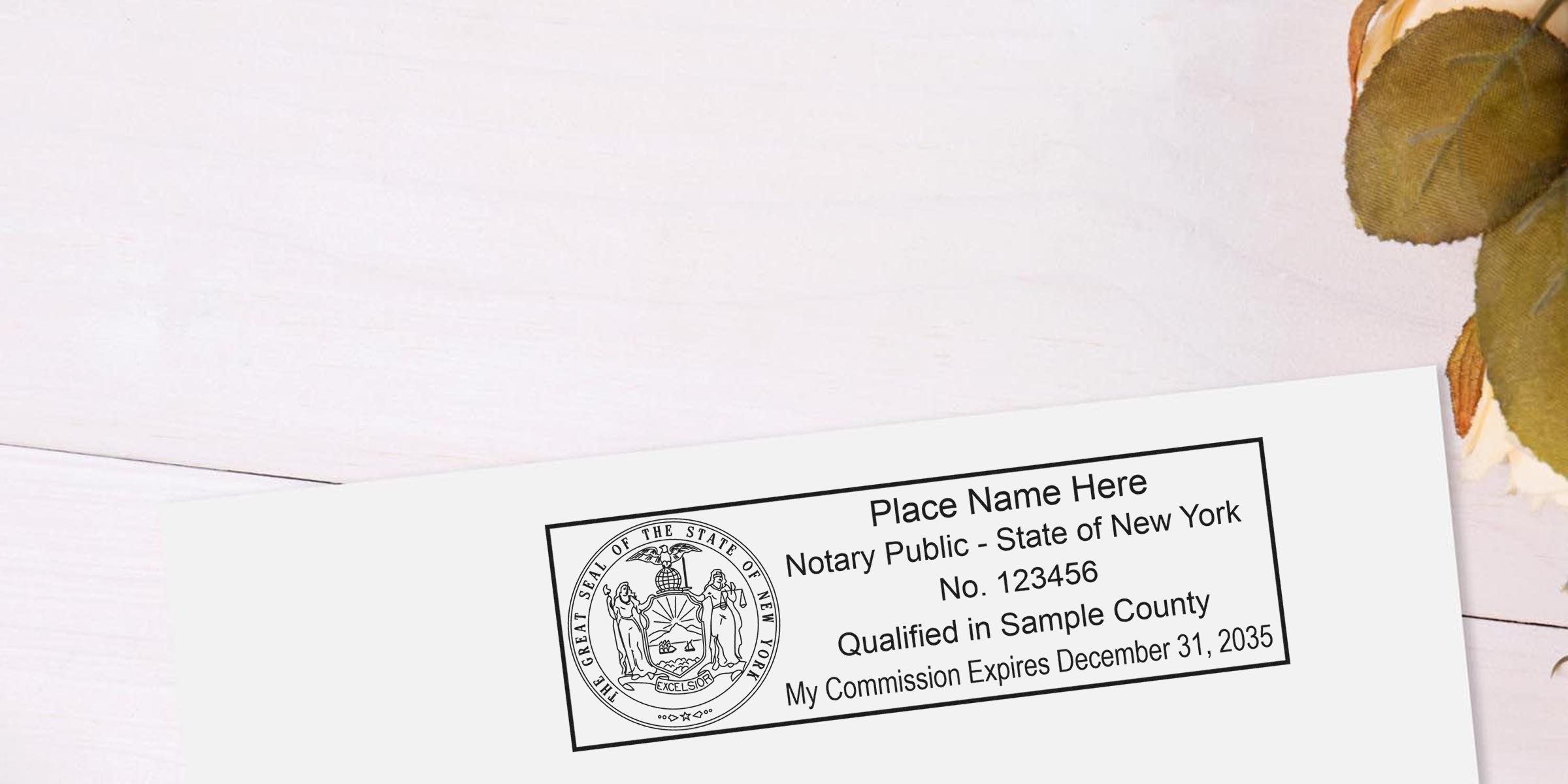 New York notary seal with official state emblem and commission expiration date on white paper, displaying a traditional notary seal design.