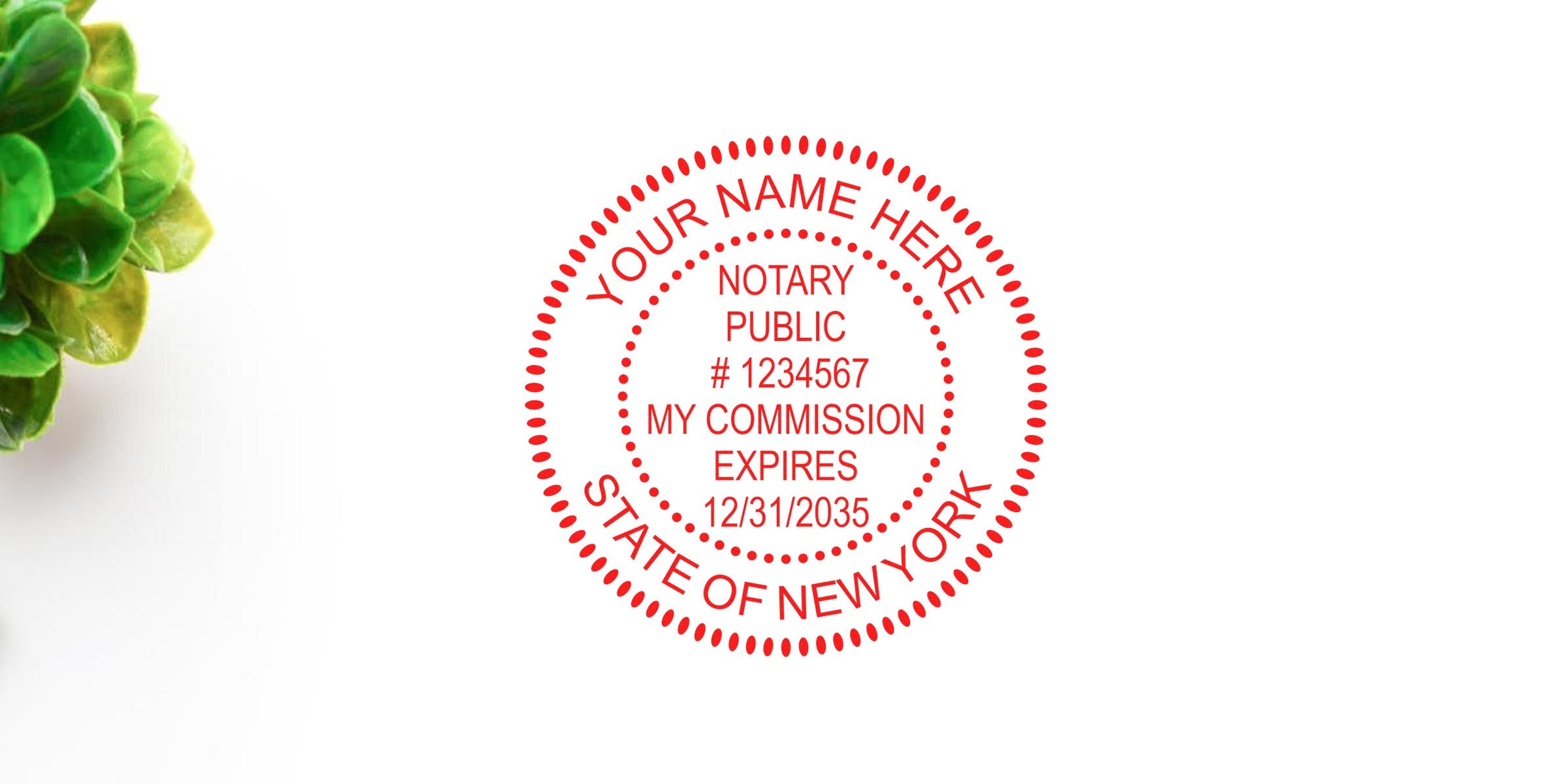 Red notary public stamp for New York with name and commission expiration, essential for aspiring New York notaries per the official guide.