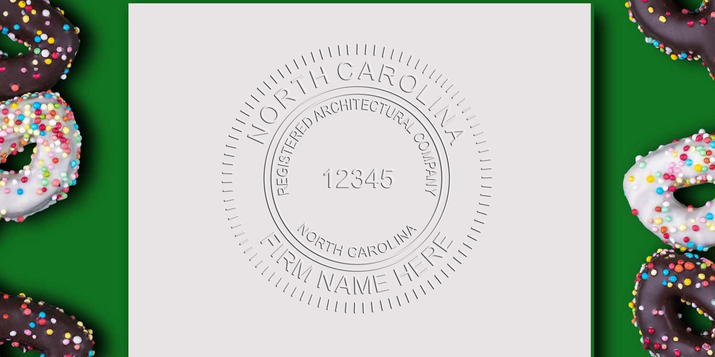 North Carolina architect seal with registered company name and number, encircled by colorful sprinkled donuts on a green background, designed as an architect seal template.