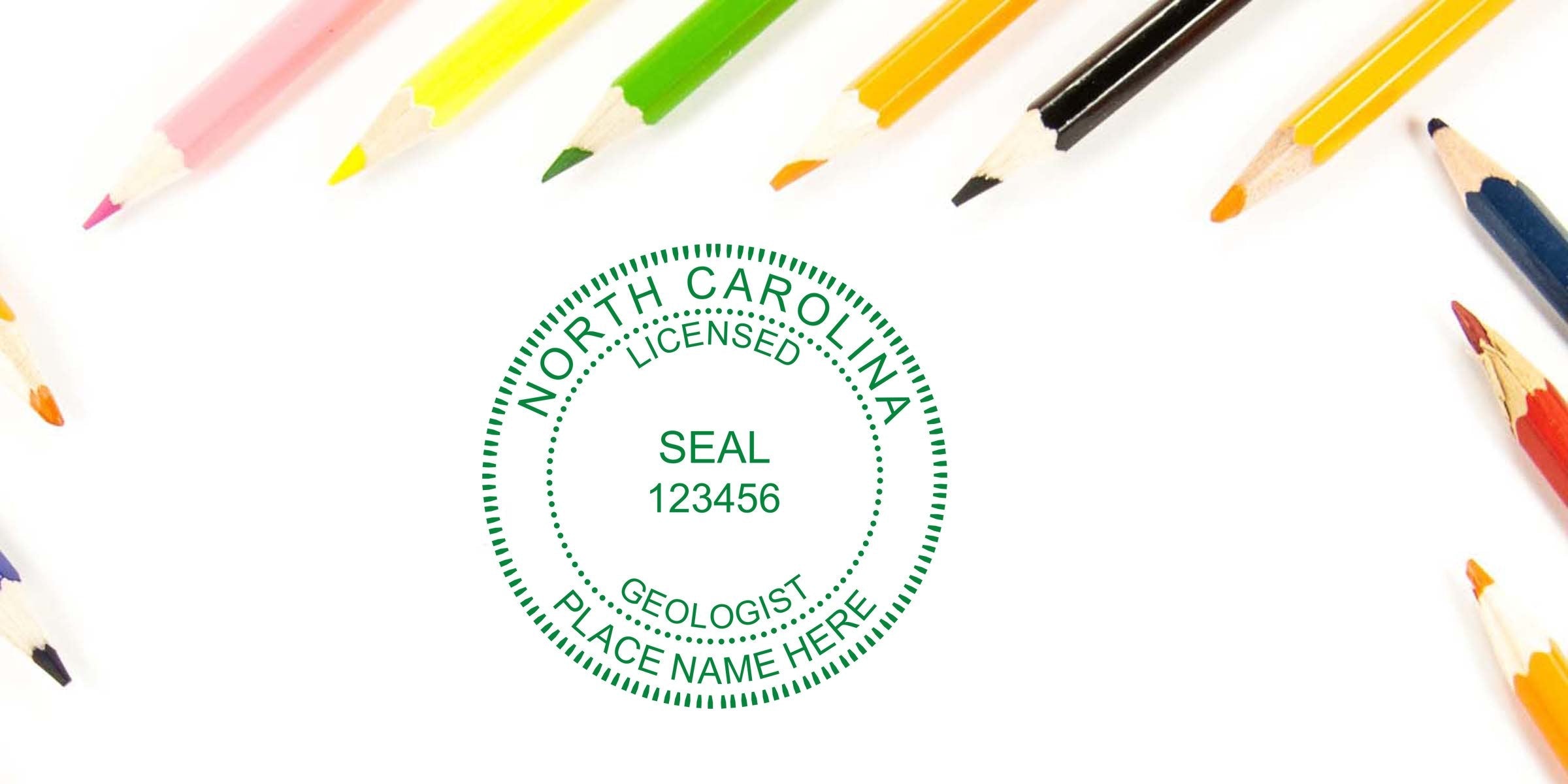 North Carolina geologist stamp with licensed geologist seal, encircled by colorful pencils on white, illustrating NC geologist stamp requirements.