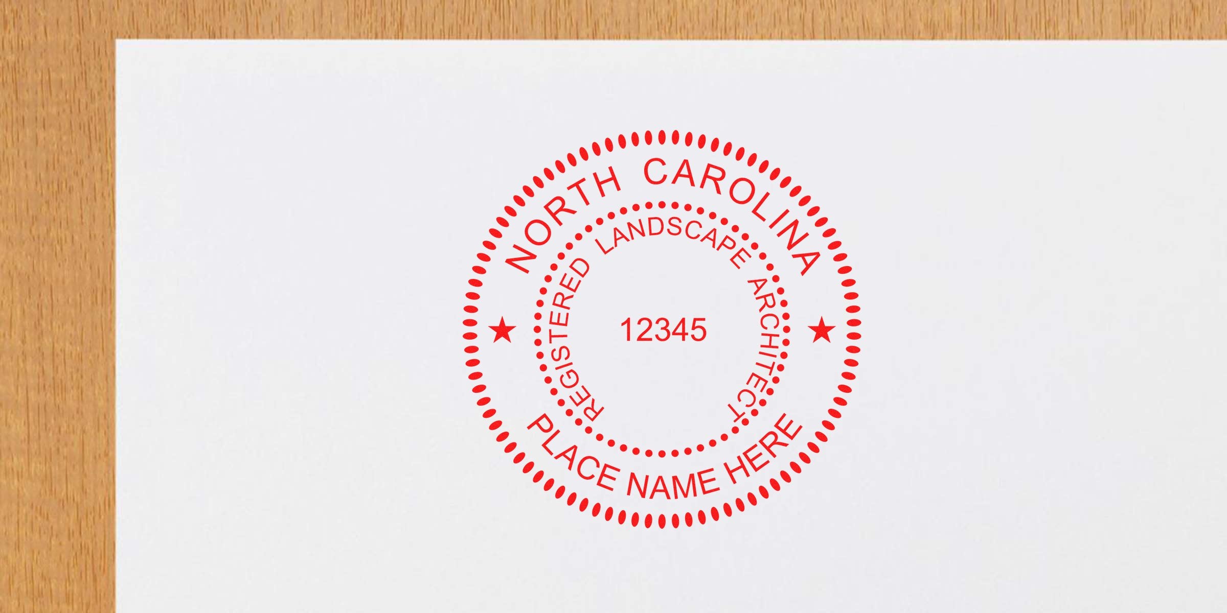 North Carolina landscape architect stamp renewal with red registered architect seal on white paper, for NC landscape architect license renewal.