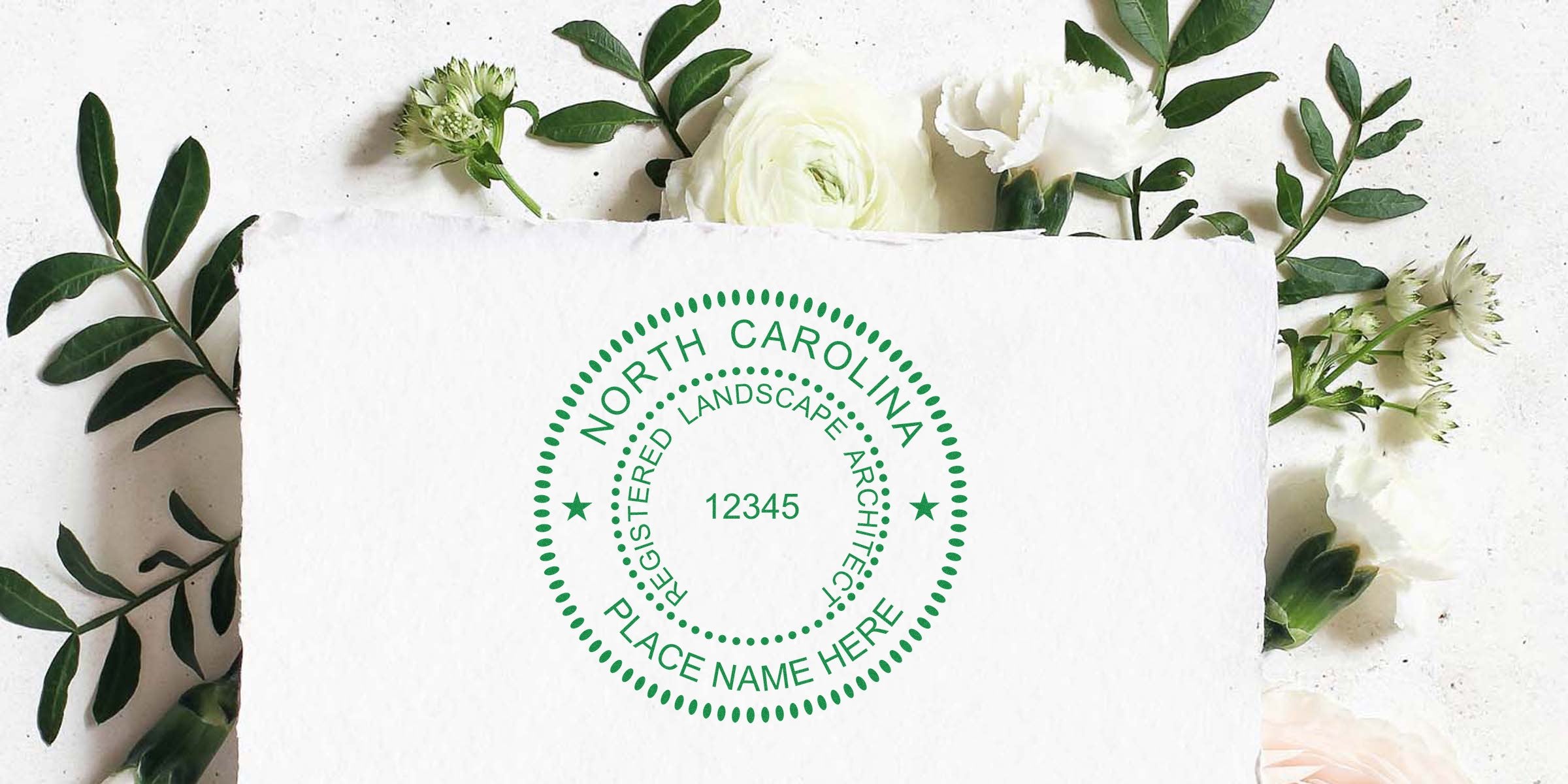 North Carolina landscape architect seal design guide with a registered architect seal, floral background, and placeholder for place name.