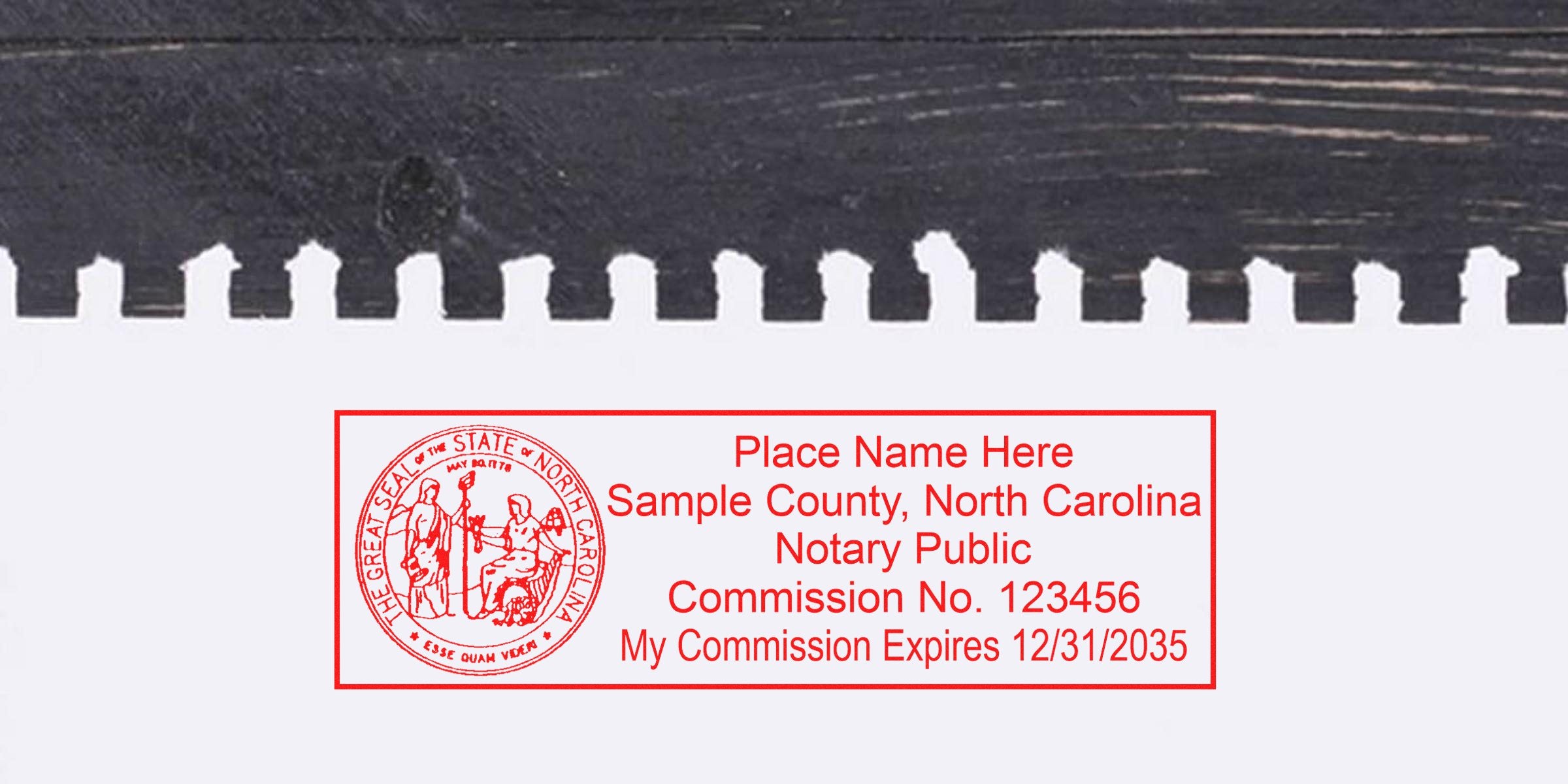 North Carolina notary stamp on white paper showing commission number and expiration date, illustrating the stamp format.