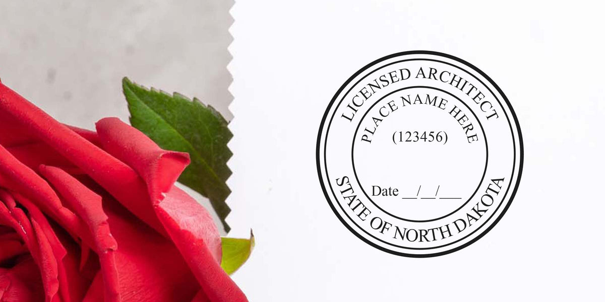 Licensed architect stamp North Dakota with red rose, green leaf on white background, featuring North Dakota embossing seal for architectural seal requirements and certification.