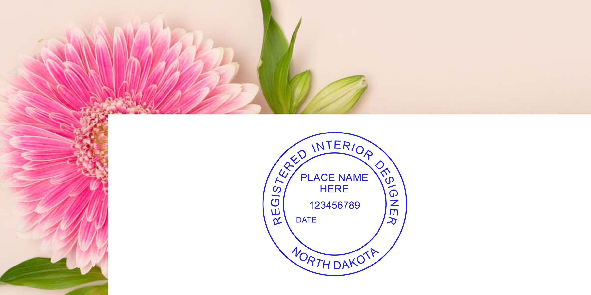Registered interior designer stamp North Dakota with pink flower background, featuring ND interior designer fees and interior design stamp costs.