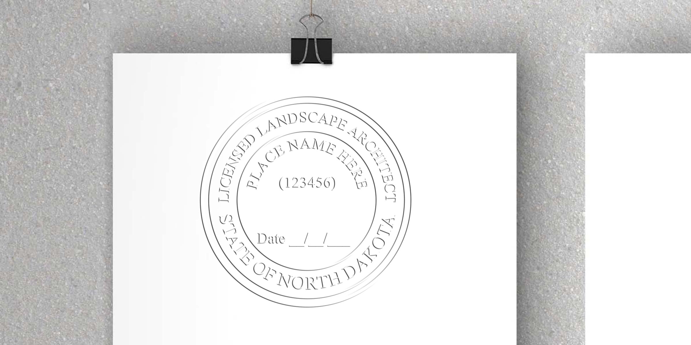 North Dakota licensed landscape architect seal on white paper, showing project management design and North Dakota seal template.
