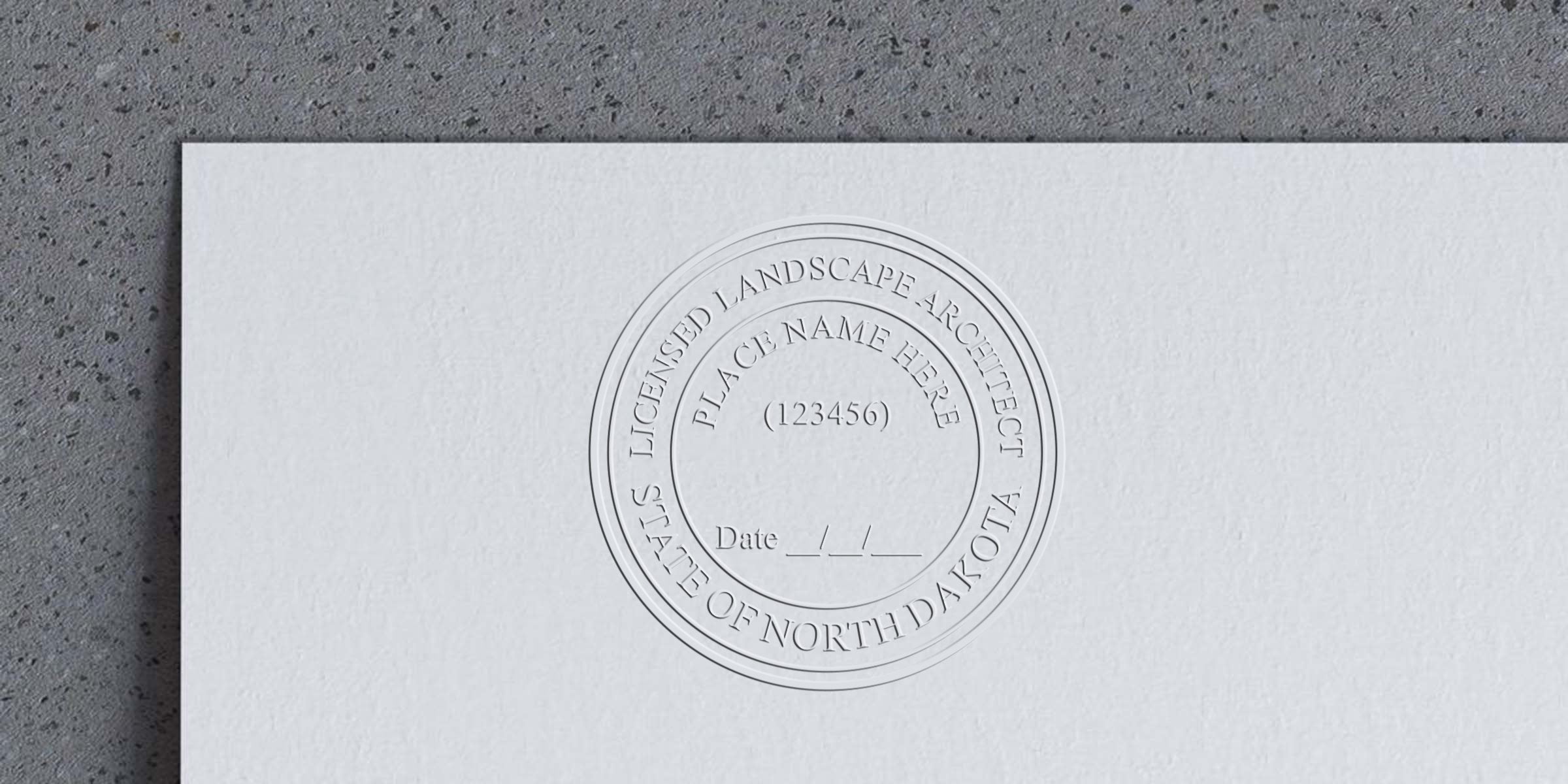 Embossed North Dakota landscape architect seal on white paper, fully compliant with guidelines.