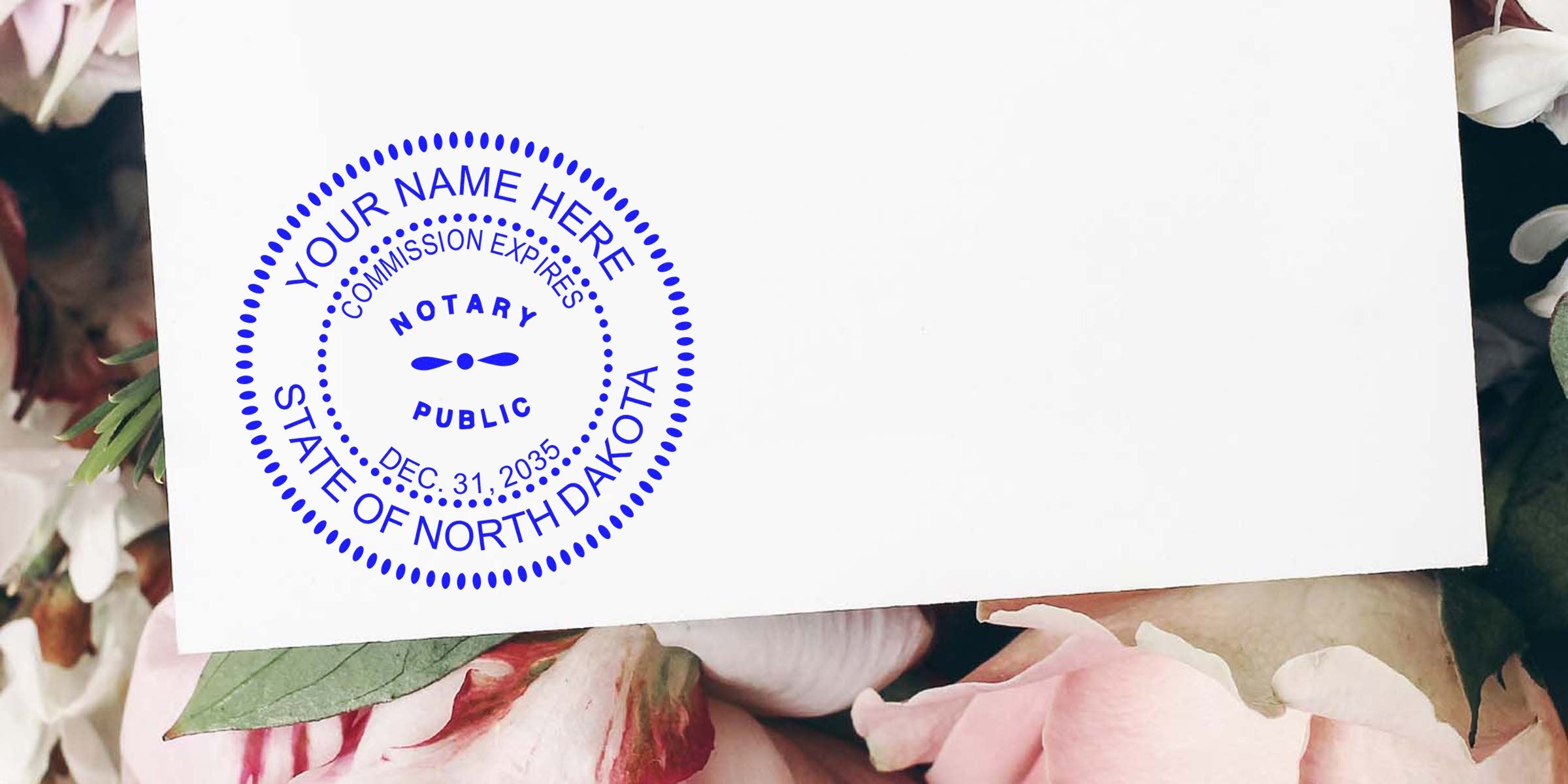 North Dakota notary seal stamped on white paper with a floral background, displaying various notary seal options.
