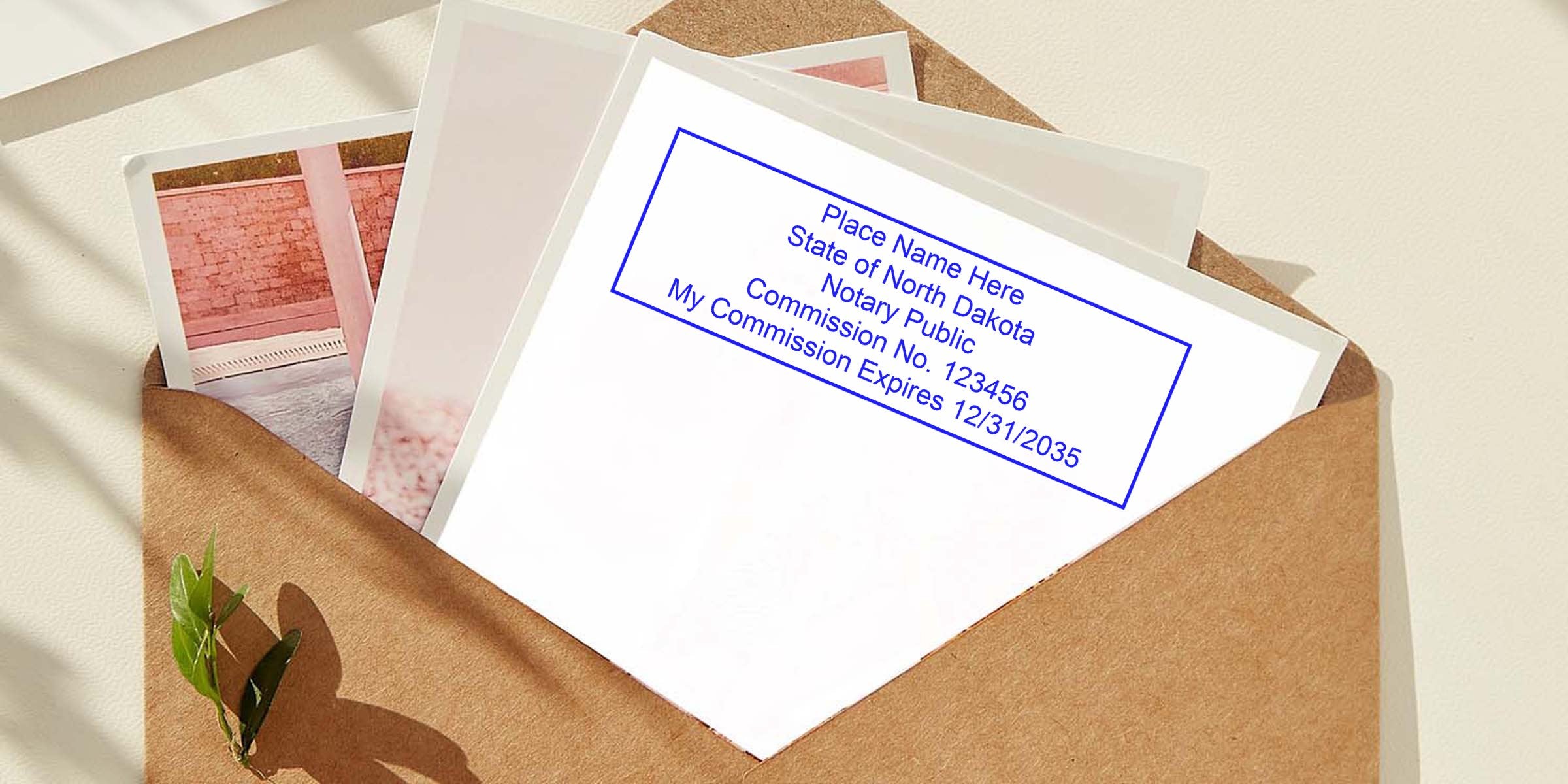 Brown envelope with photo prints stamped by North Dakota notary public seal, including essential ND notary supplies and tools.