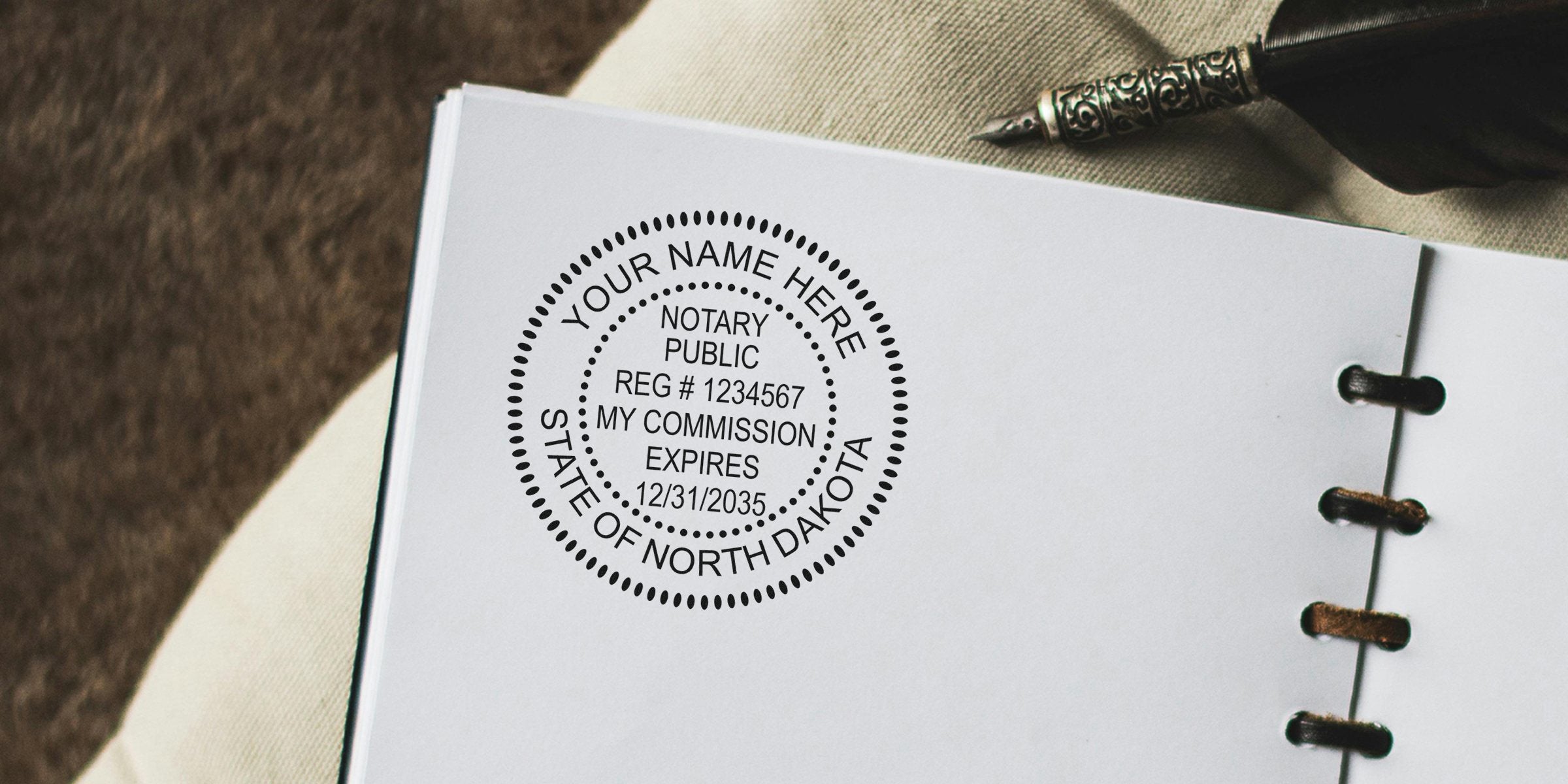 North Dakota notary seal stamped on white paper with commission expiration date, part of the official notary kit and essentials for legal documents in North Dakota.