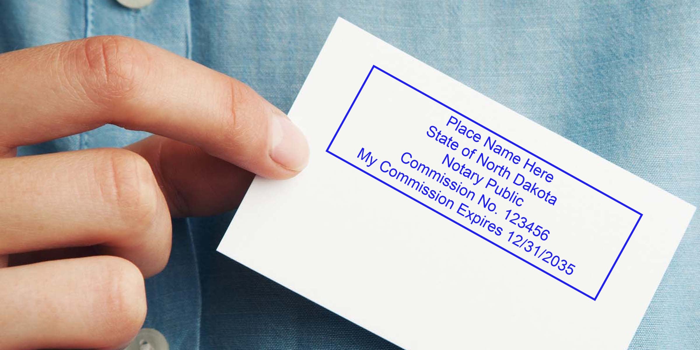 Hand holding a North Dakota notary commission card showing number and expiration, with details on notary seal dimensions and a seal size guide.